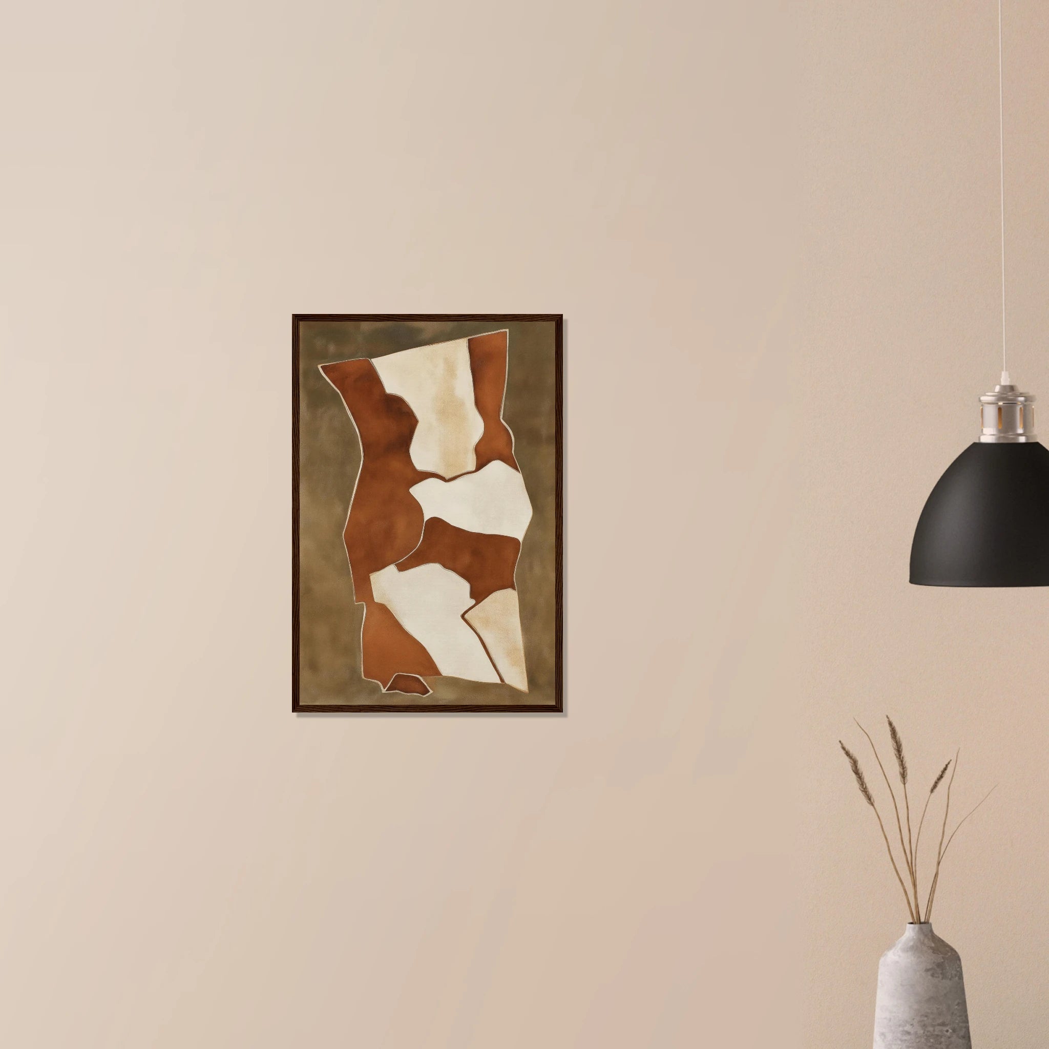 Earth Vessels modern minimalist print in natural wood frame on neutral wall, clay inspired color blocks