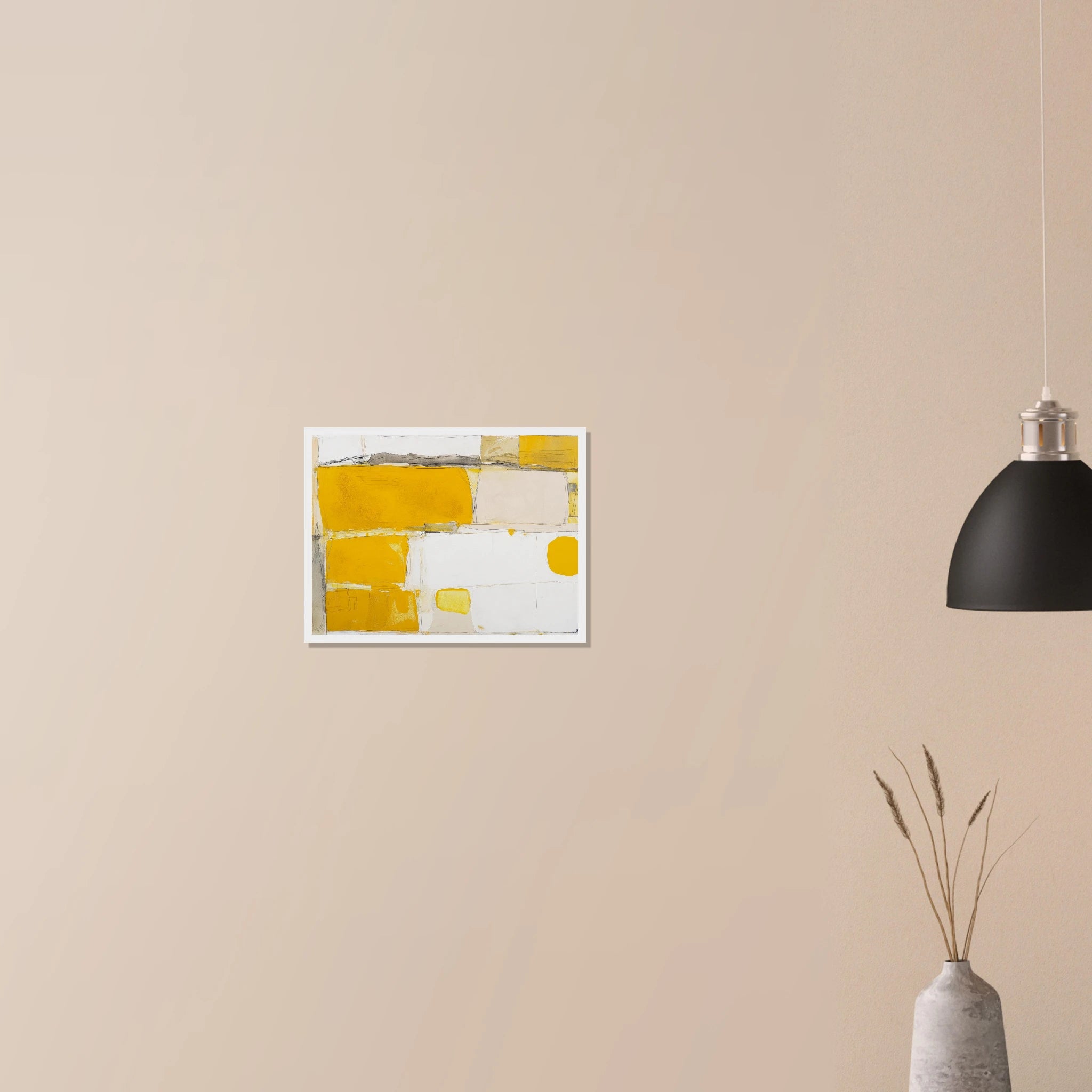 Mustard Field Abstract modern abstract artwork in black frame on neutral wall, bold yellow and sage landscape study