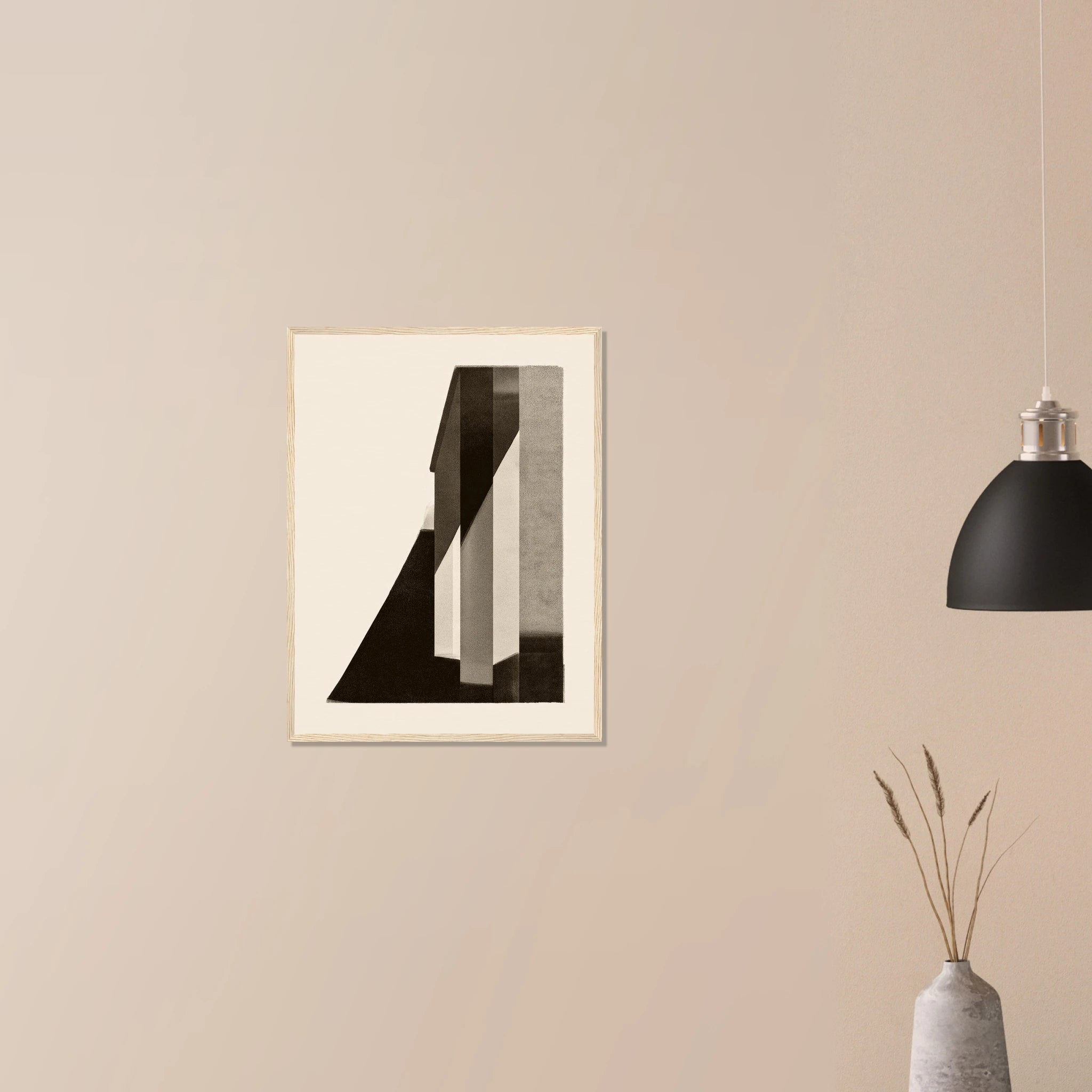 Corner Shadow modern tonal artwork in natural wood frame on neutral wall, crisp corner line with deep contrast