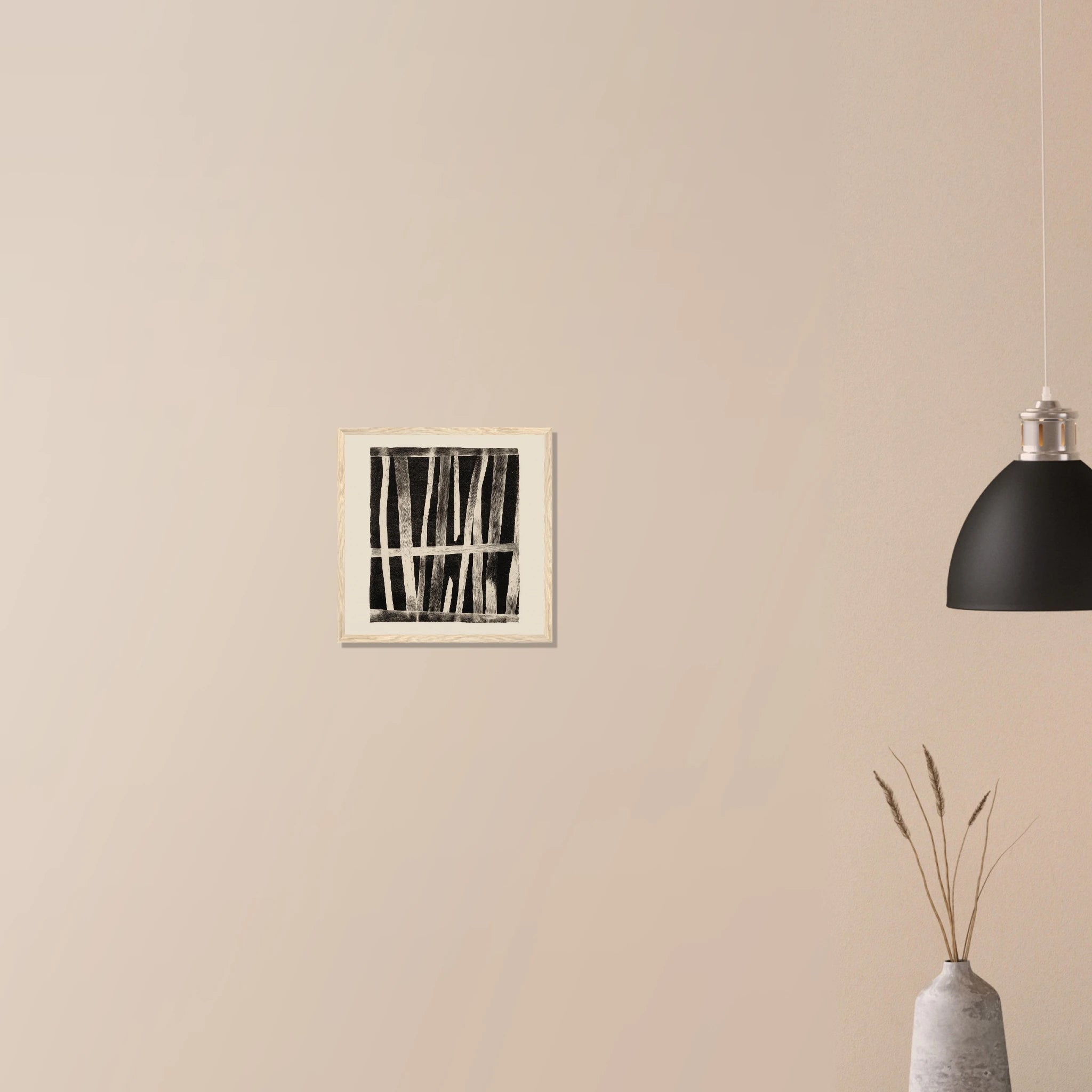 Weathered Barn Wall contemporary farmhouse artwork in black frame on neutral wall, distressed red and beige wood texture