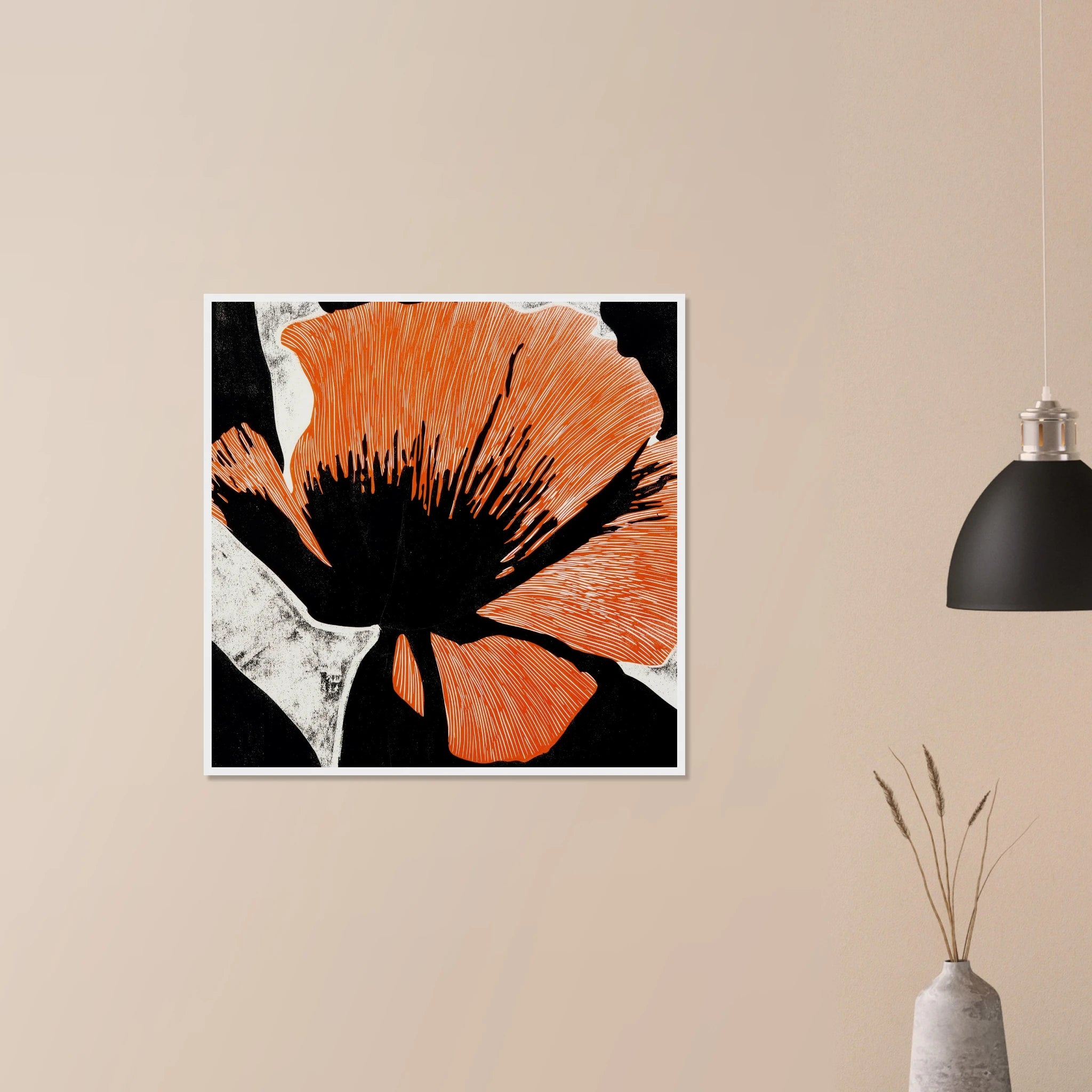 California Poppy No. 03 graphic native flower artwork in black frame on neutral wall, vivid coral bloom for dining room decor