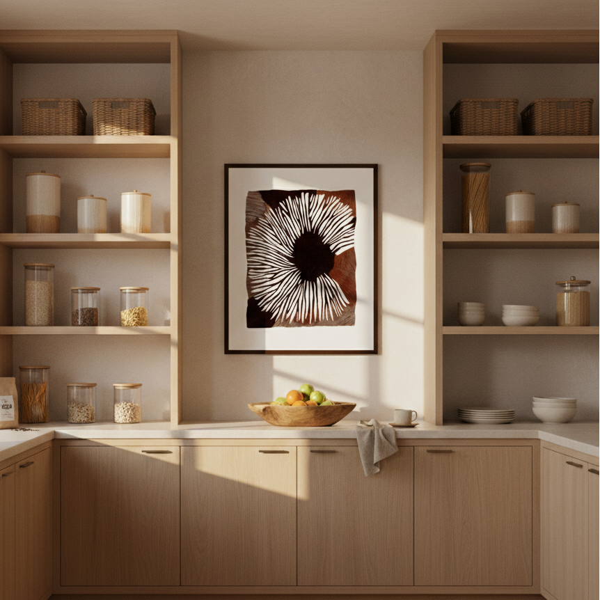 Modern kitchen with wooden cabinets and shelves, featuring a sunflower artwork on the wall.