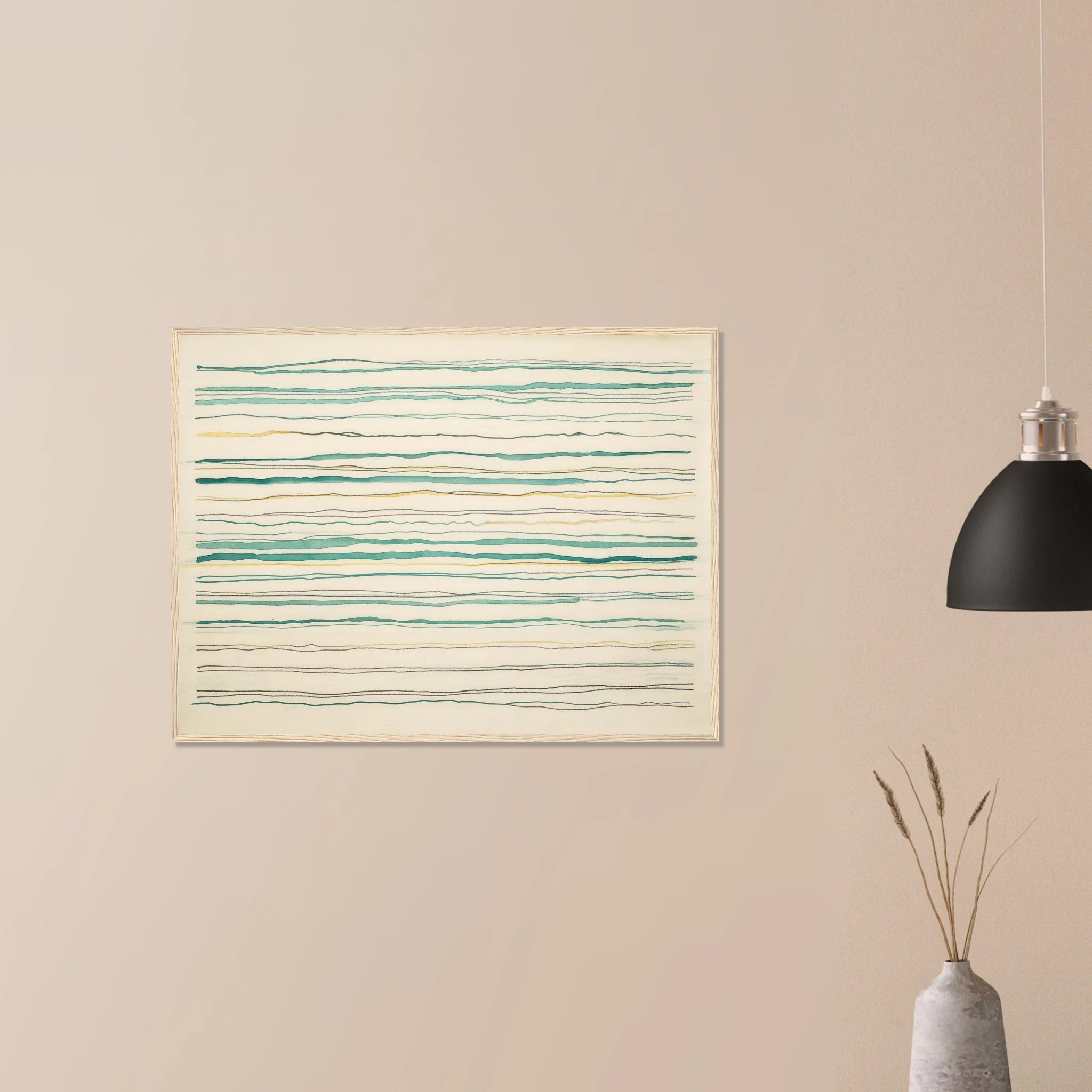 Clarity No. 04 The Protocol abstract art in white frame on neutral wall, cream and taupe geometric design for modern bedroom decor