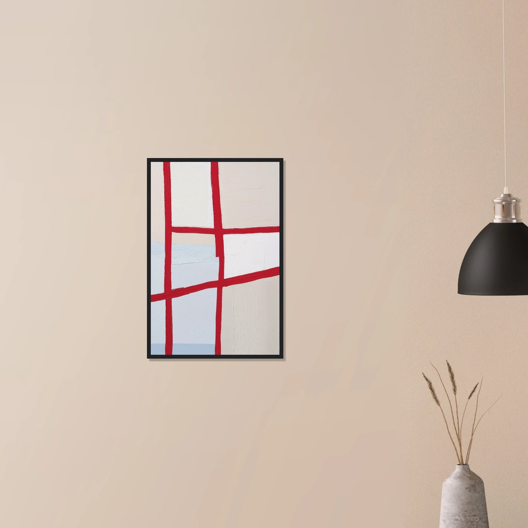 Orchard Plat bold contemporary abstract in black frame on neutral wall in modern home, red grid pattern over muted agricultural tones
