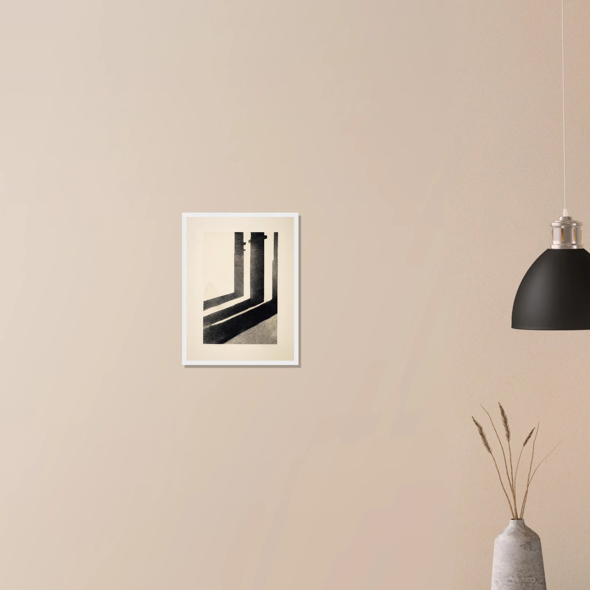 Pillar Shadows modern abstract artwork in black frame on neutral wall, high contrast column forms in neutral tones