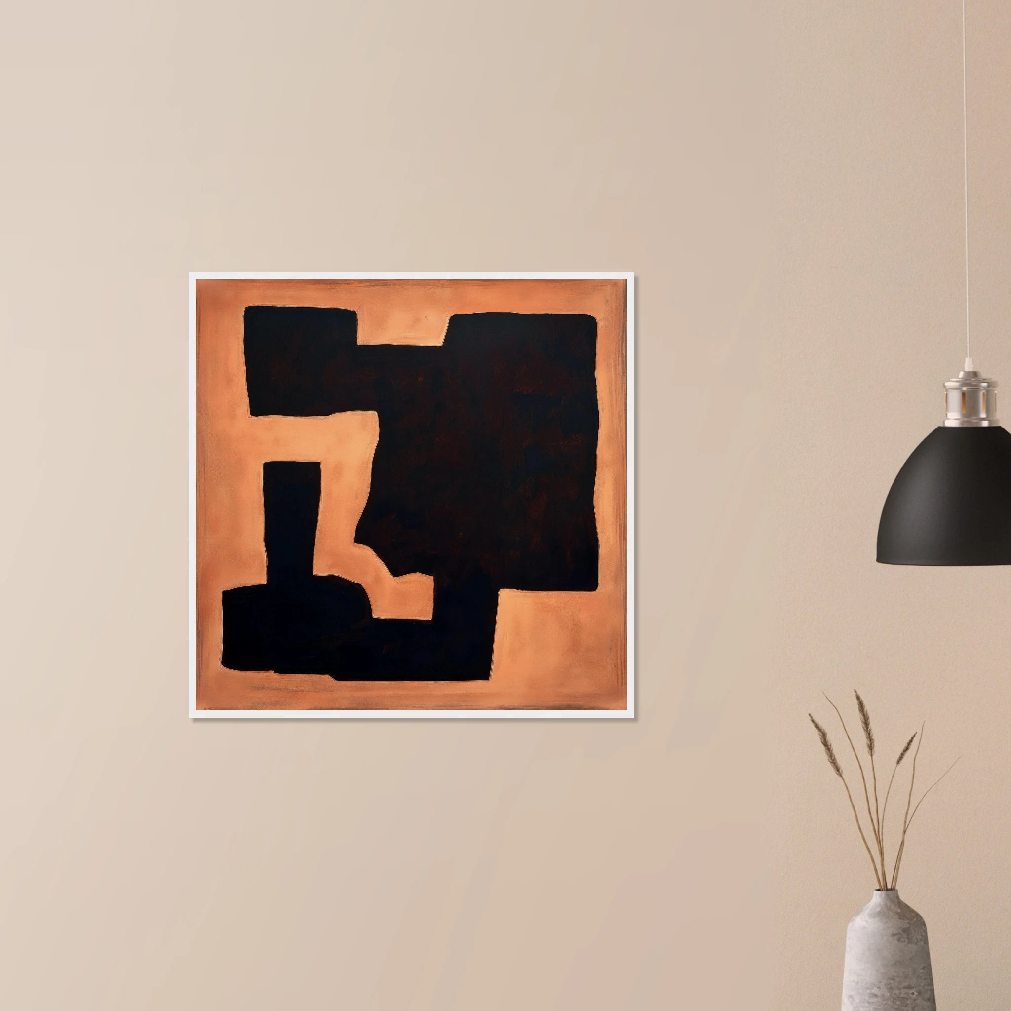Terracotta Fragment modern tonal artwork in natural wood frame on neutral wall, rust and ivory ceramic geometry