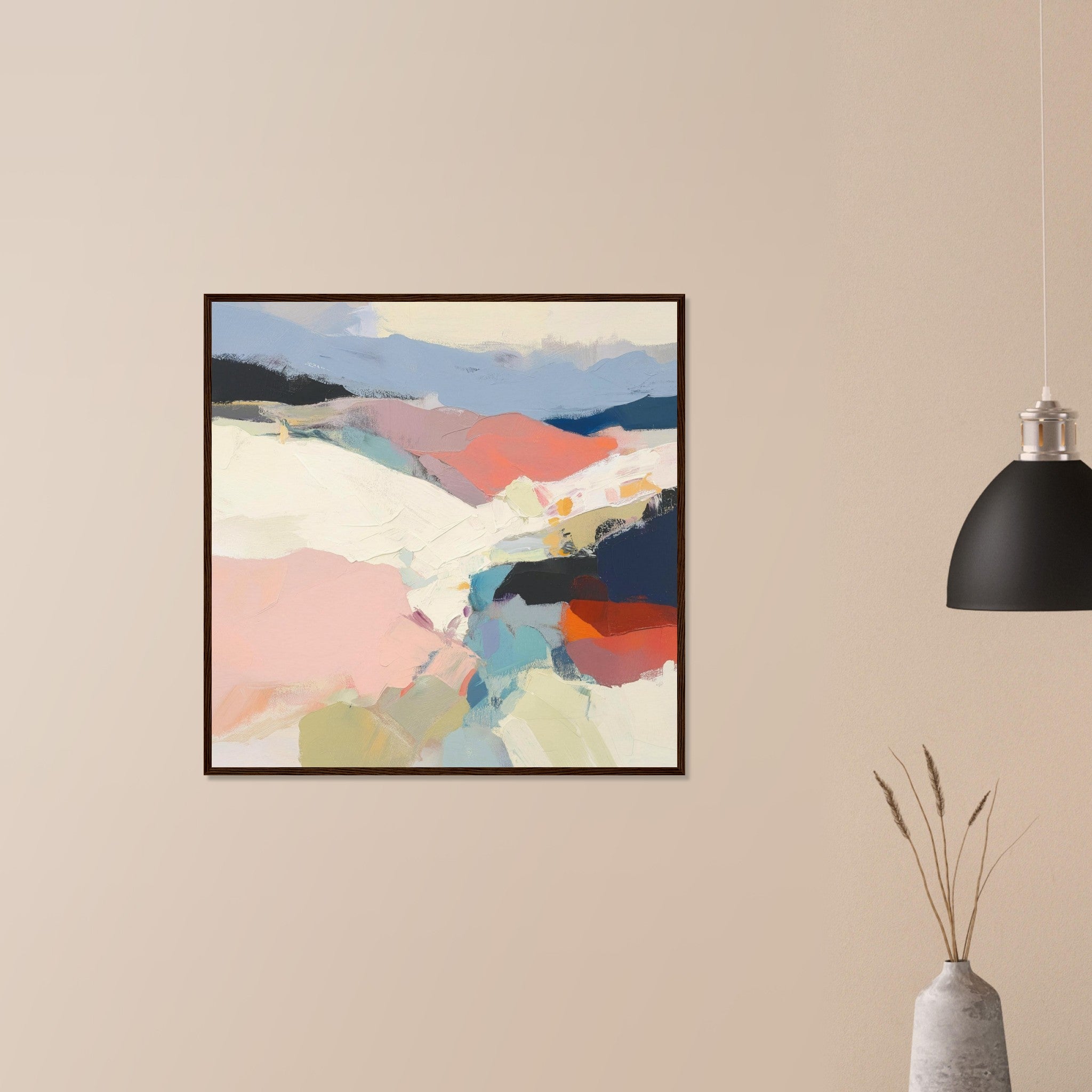 Piedmont contemporary Northern California abstract in wood frame on neutral wall in modern home, layered terrain and luminous cream