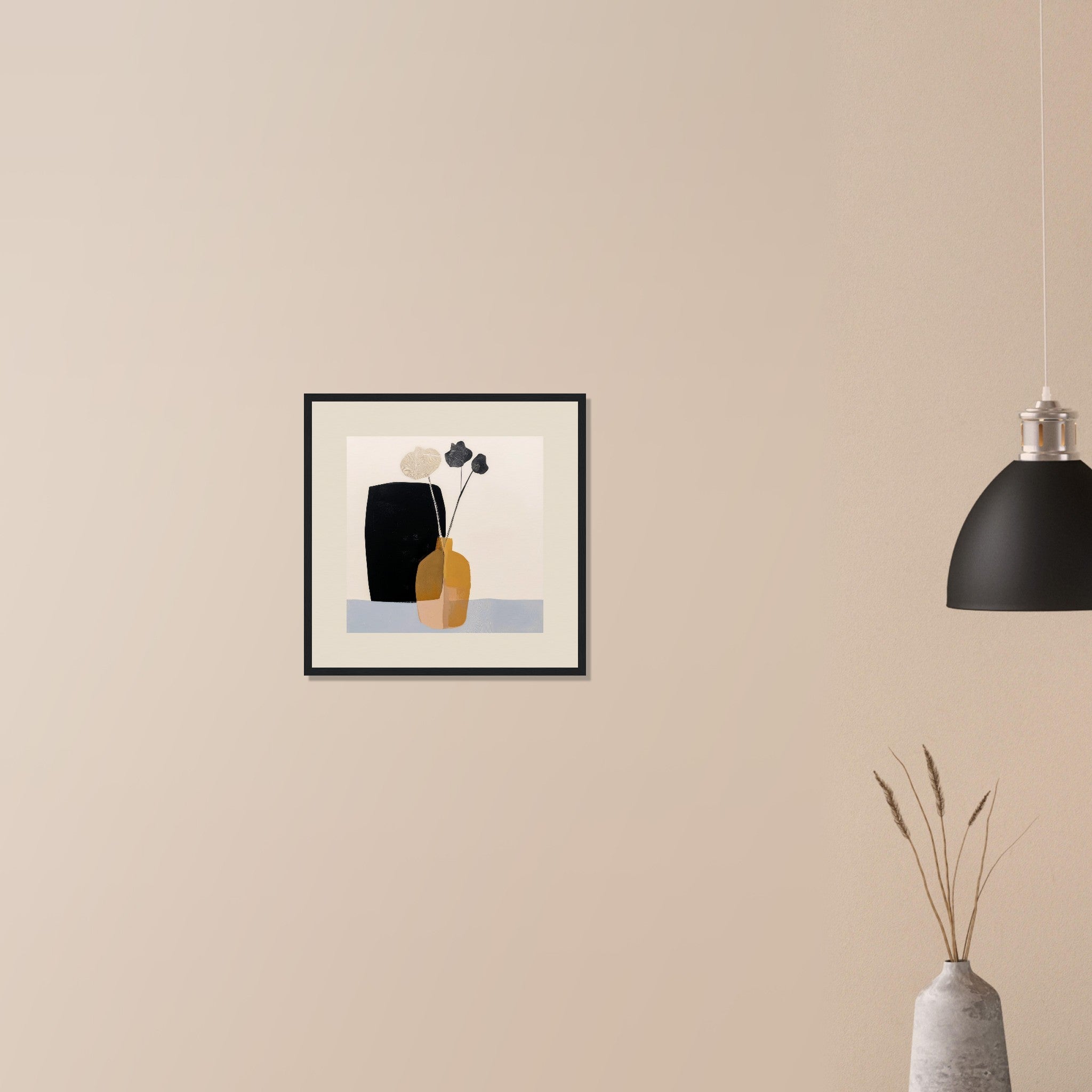 Dry Arrangement neutral still life abstract in wood frame on neutral wall in modern home, dried stems and dark backdrop element