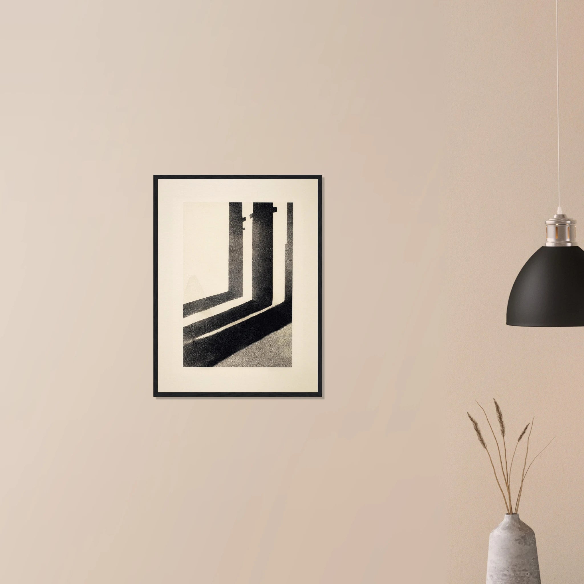 Pillar Shadows abstract art in white frame on neutral wall, vertical beige and charcoal pillar silhouettes for living room decor