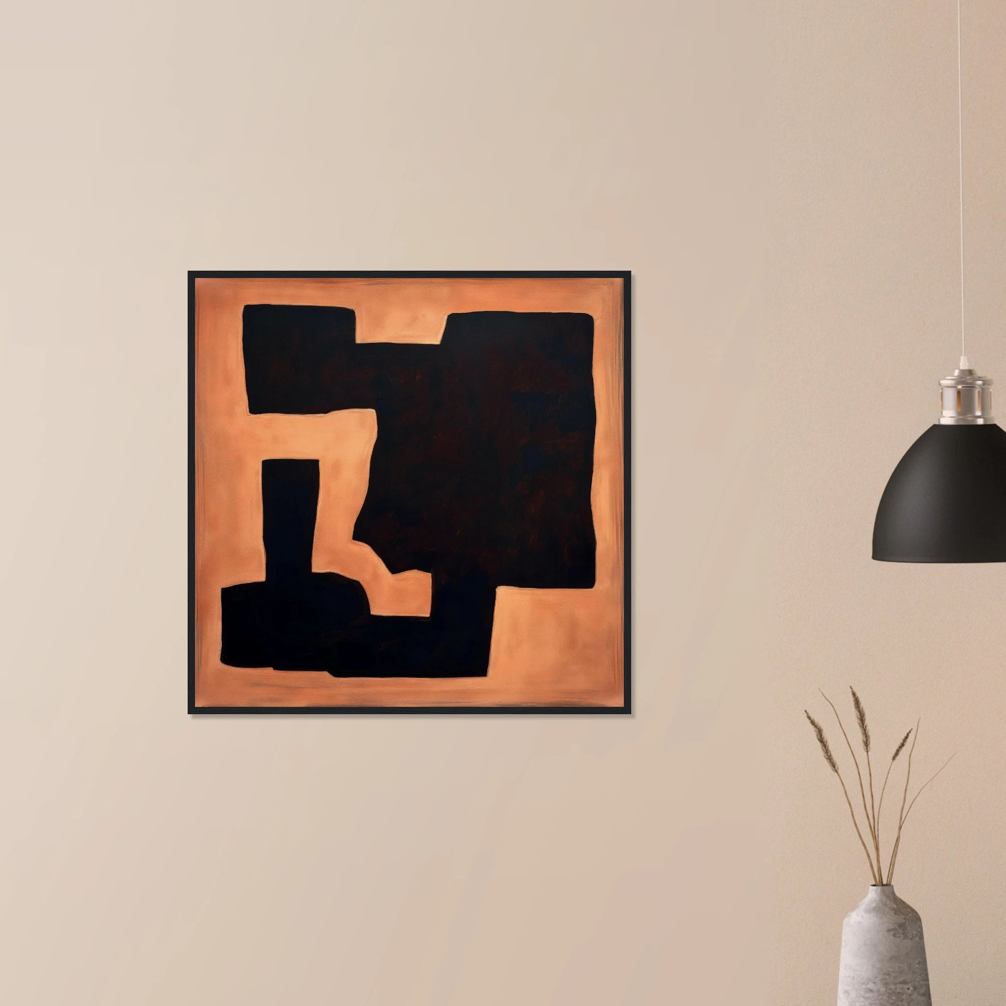 Terracotta Fragment abstract art in white frame on neutral wall, burnt orange and cream ceramic form for living room decor