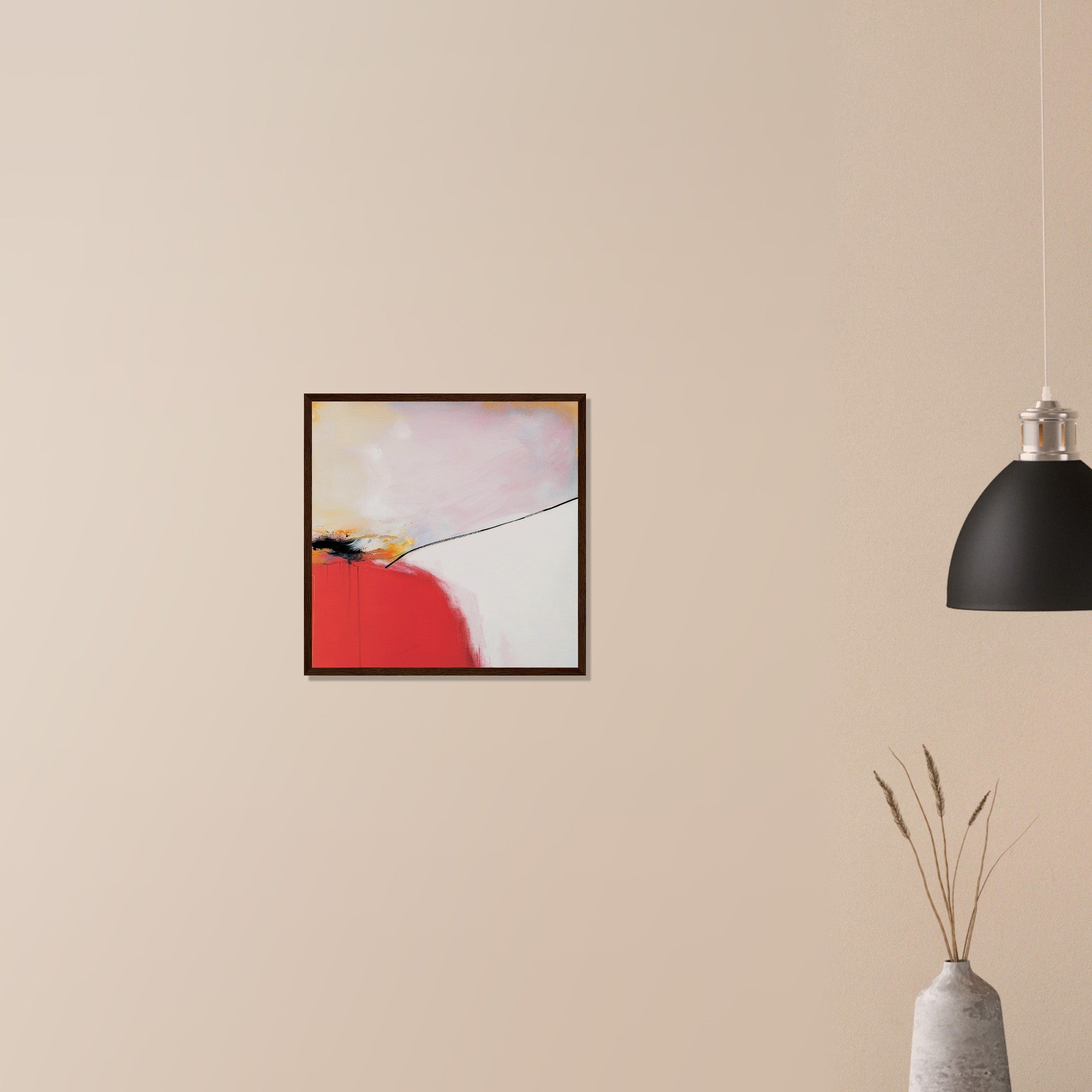 Controlled Burn bold Napa inspired red abstract in white frame on neutral wall in modern home, diagonal burn line with textured orange edge