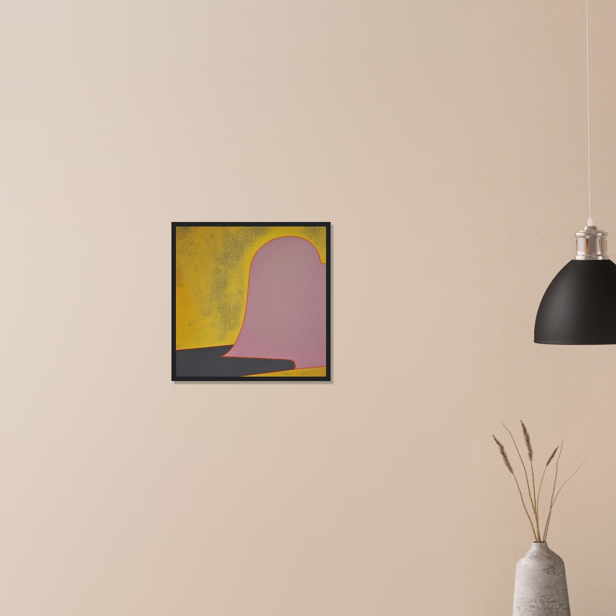 Colusa at Noon contemporary conversation piece in black frame on neutral wall in modern home, bold gold mass with red edge highlight