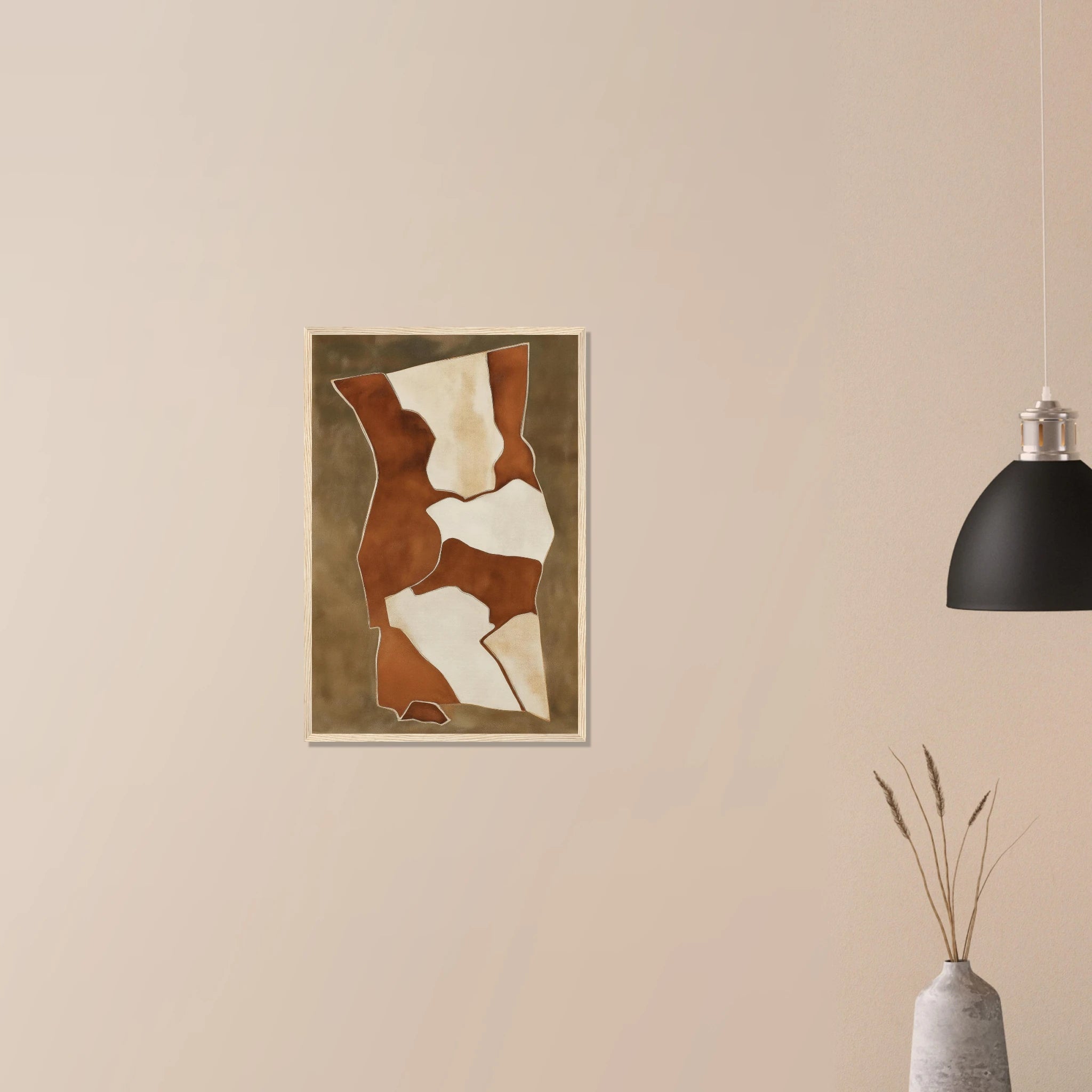 Earth Vessels abstract minimalist art in black frame on neutral wall, earthy ceramic inspired palette