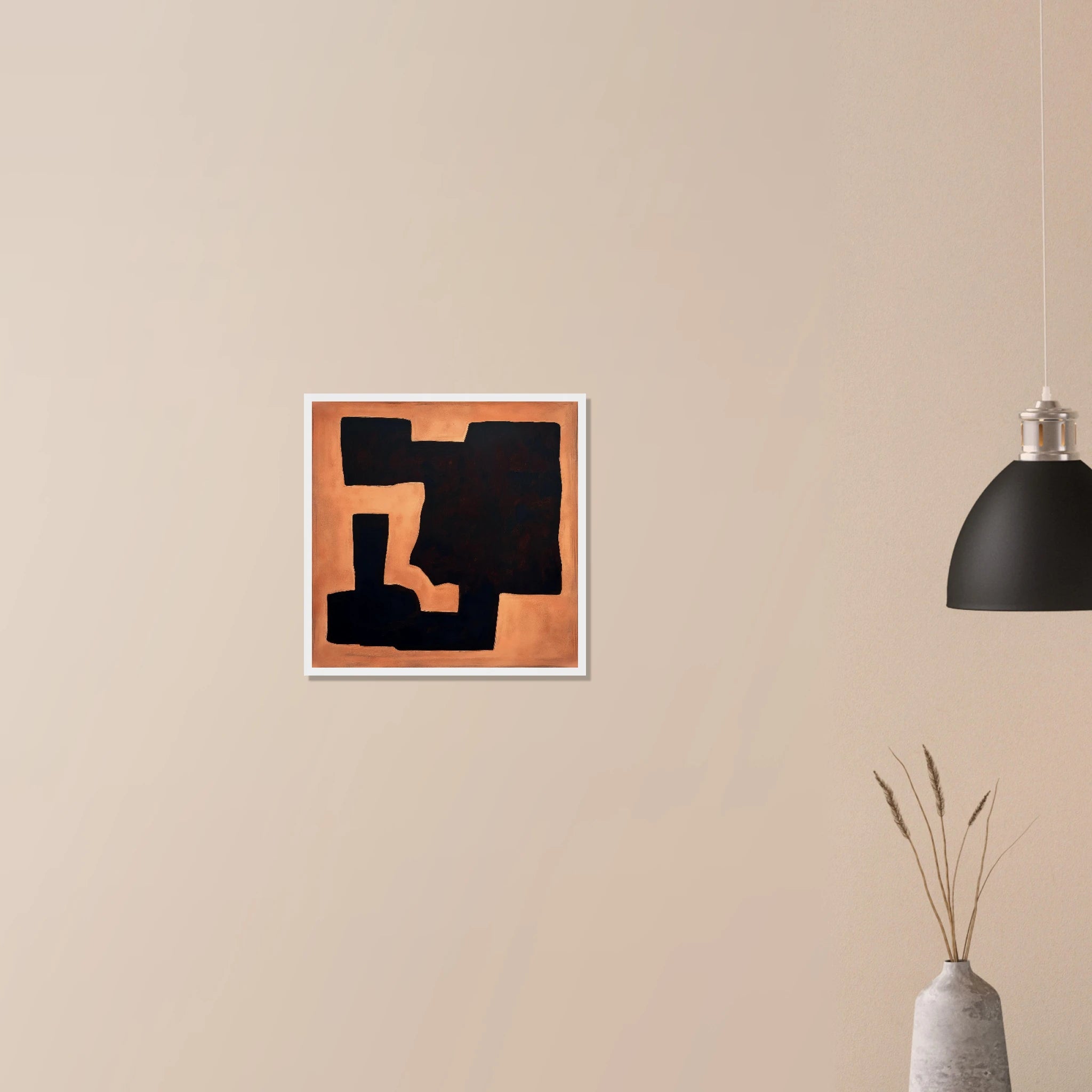 Terracotta Fragment modern abstract decor in natural wood frame on neutral wall, warm clay tones with clean lines