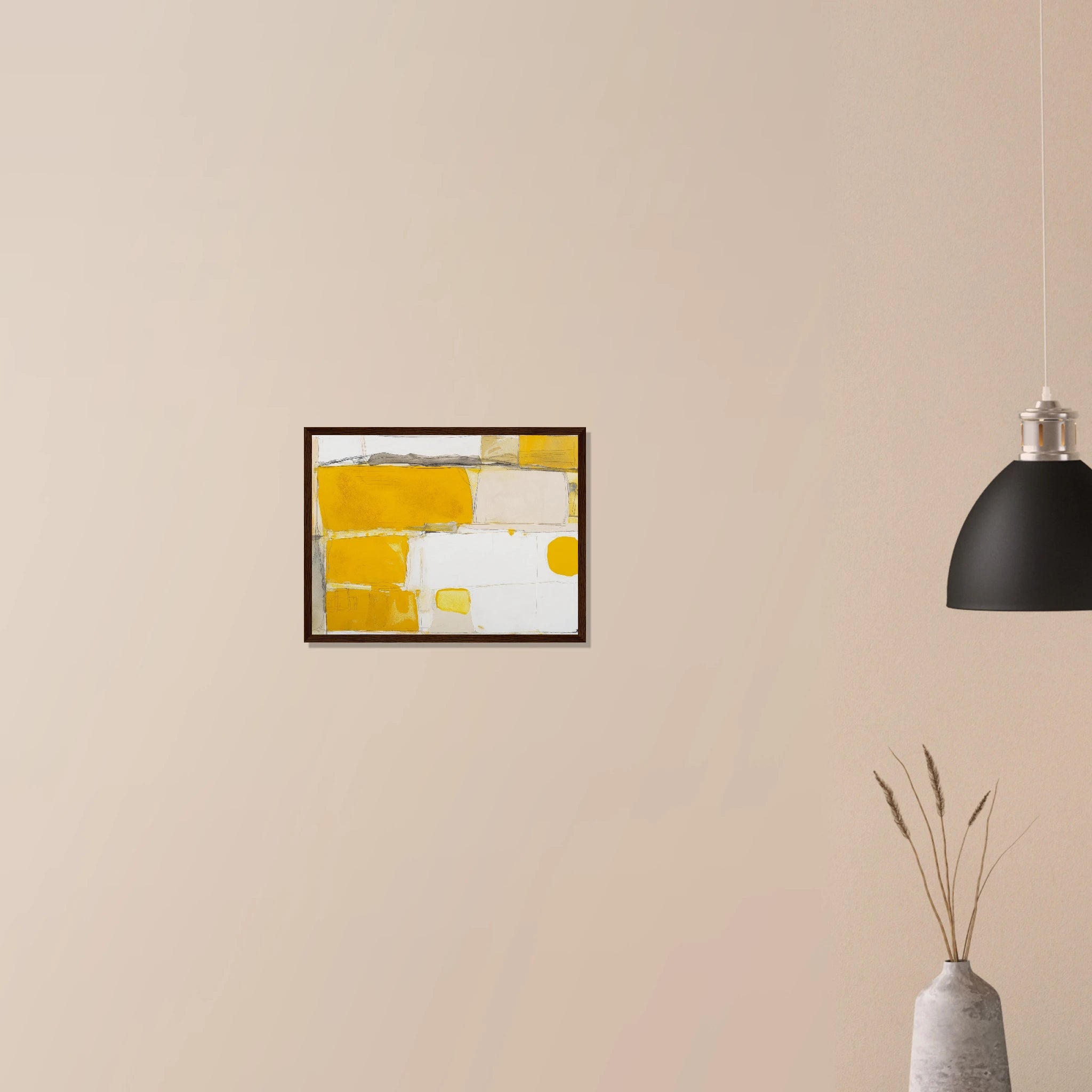 Mustard Field Abstract abstract minimalist art in black frame on neutral wall, bold ochre and soft green palette