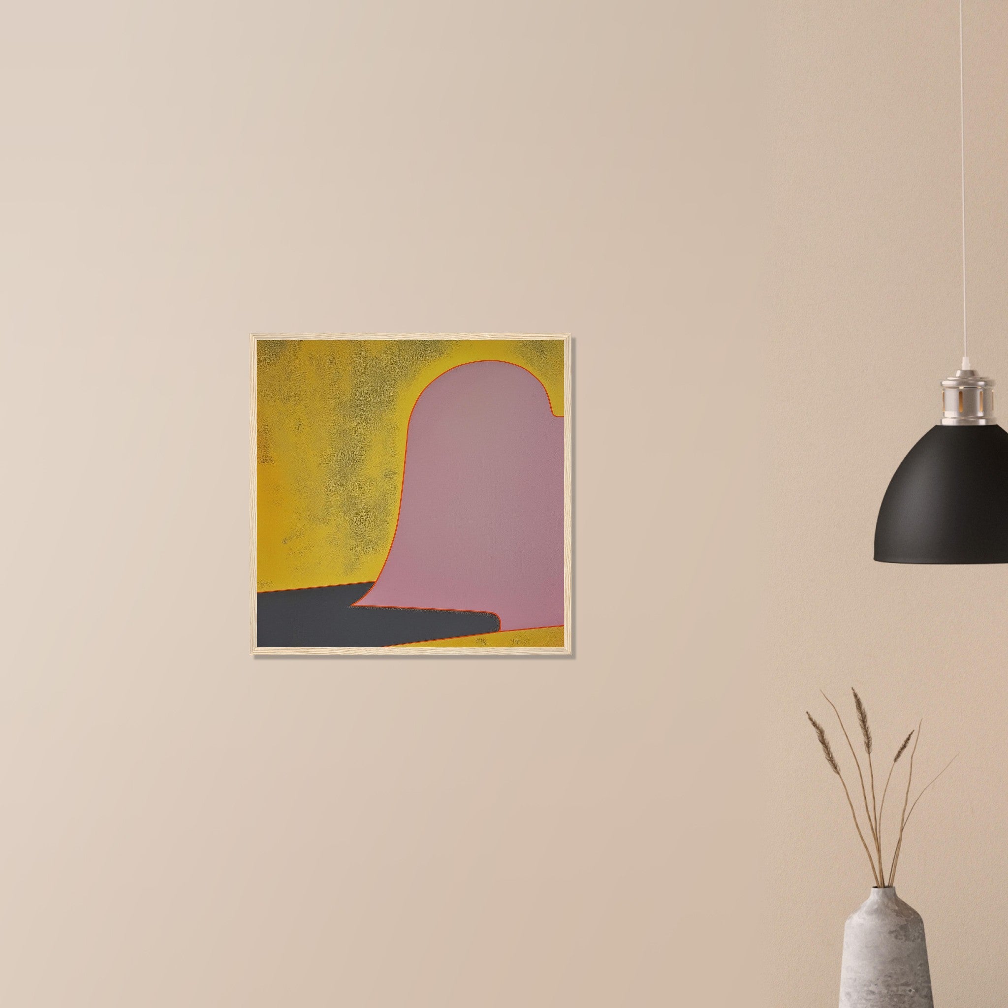 Colusa at Noon refined mustard and blush abstract in white frame on neutral wall in modern home, smooth monumental form and warm contrast