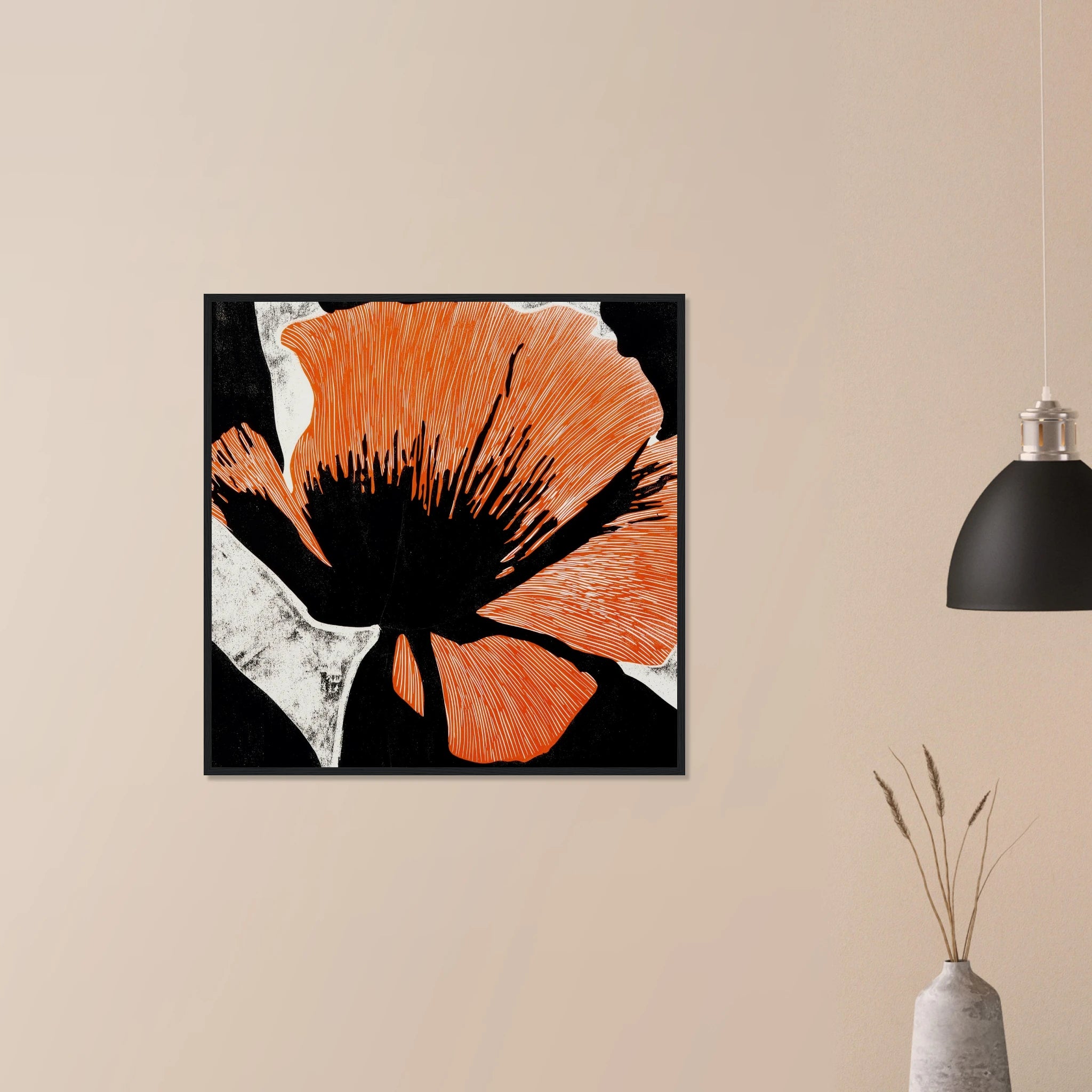 California Poppy No. 03 vibrant poppy artwork in white frame on neutral wall, coral orange bloom with dramatic black background