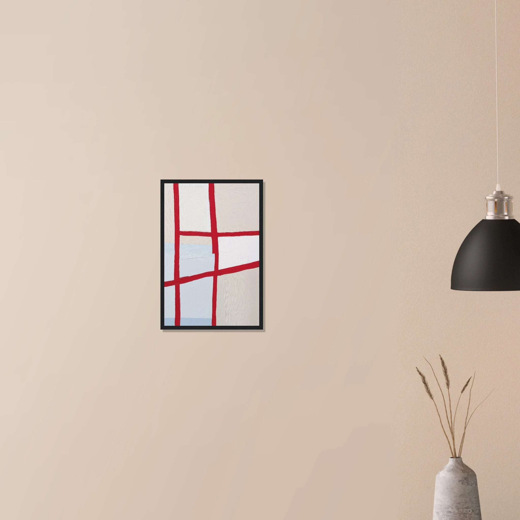 Orchard Plat graphic red grid print in black frame on neutral wall in modern home, structured geometry with soft earthy underpainting