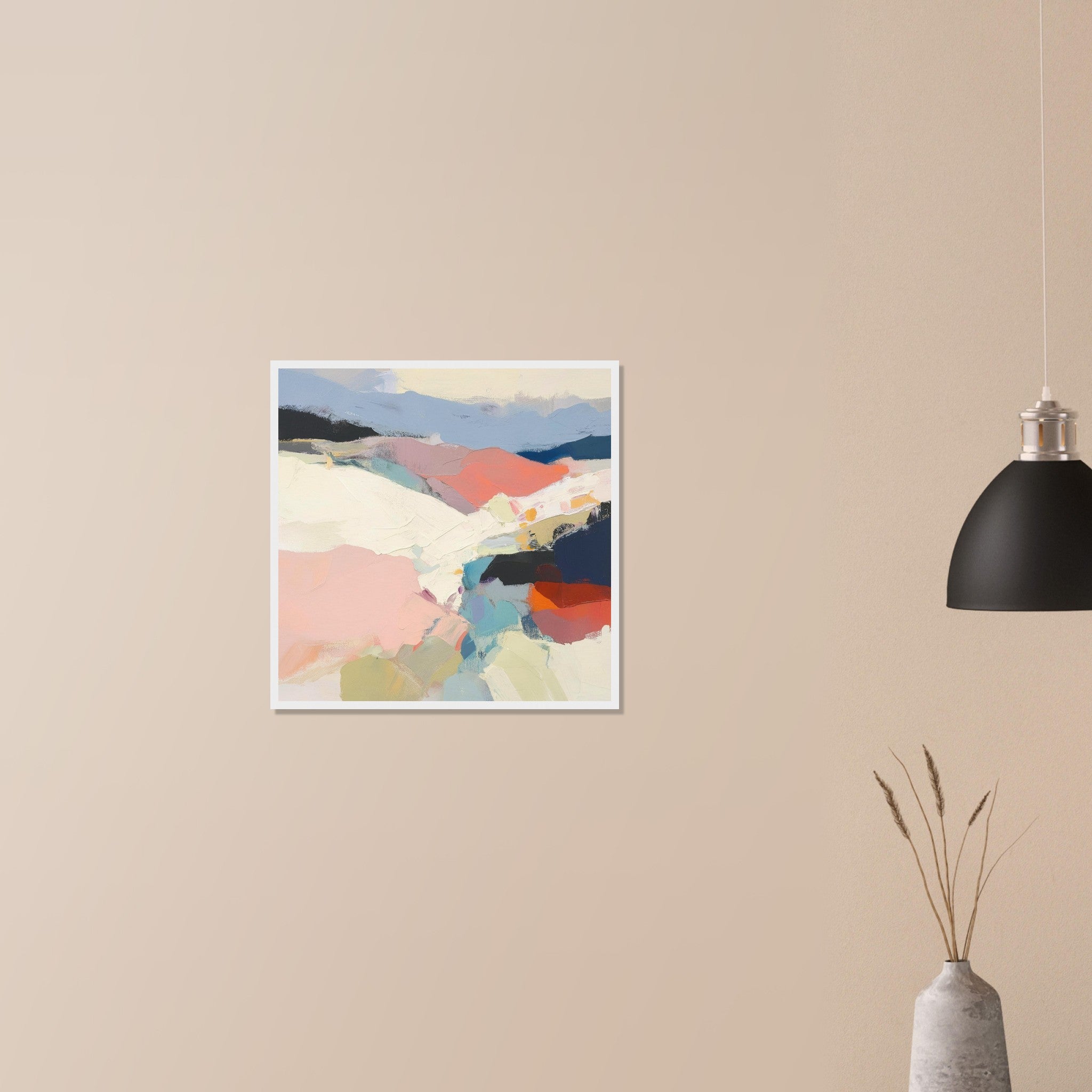 Piedmont expressive mountain and valley art in wood frame on neutral wall in modern home, coral, teal and ochre details