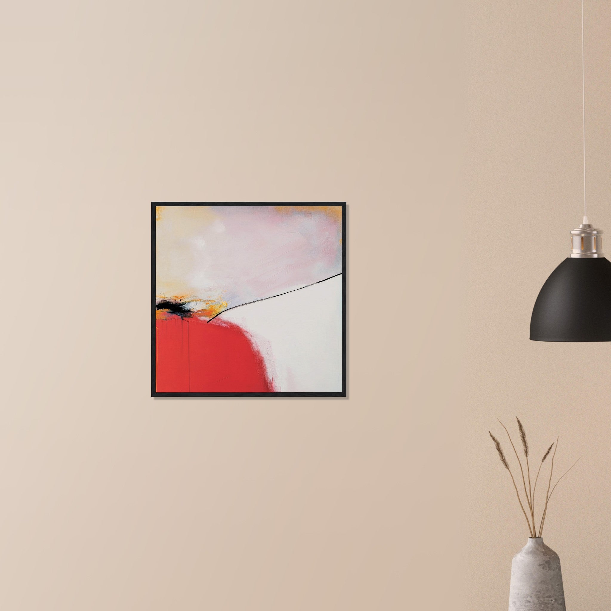 Controlled Burn red abstract statement piece in dark wood frame on neutral wall in modern home, dynamic diagonal line and smoky upper tone