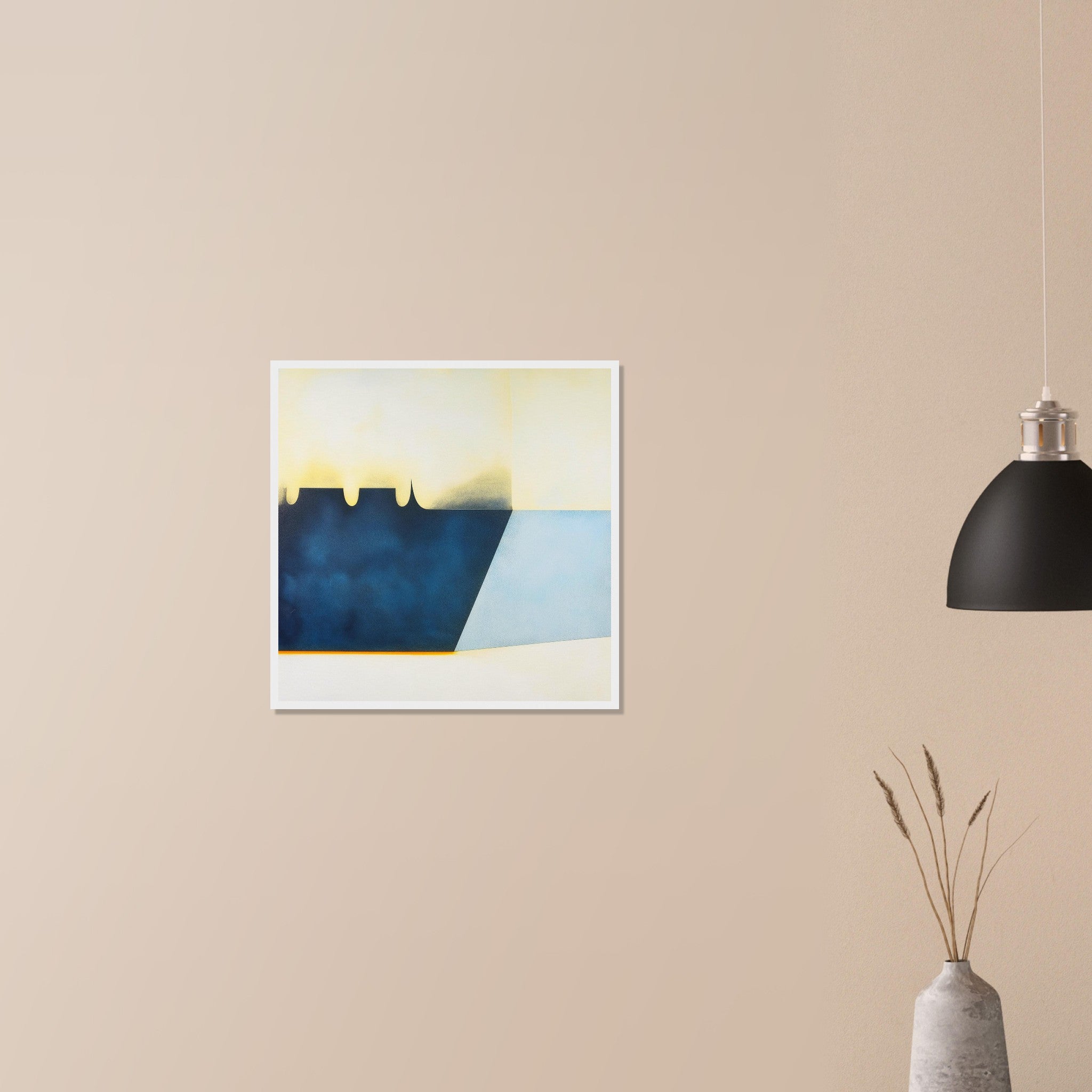 Reservoir Cut large scale blue abstract in white frame on neutral wall in modern home, calm geometric composition with pale sky blue field
