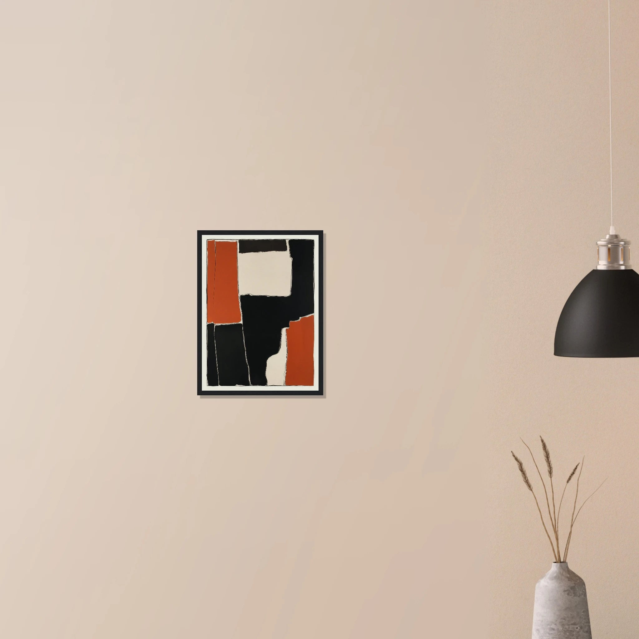 Interlocking Rust I abstract industrial decor in dark wood frame on neutral wall, oxidized metal palette