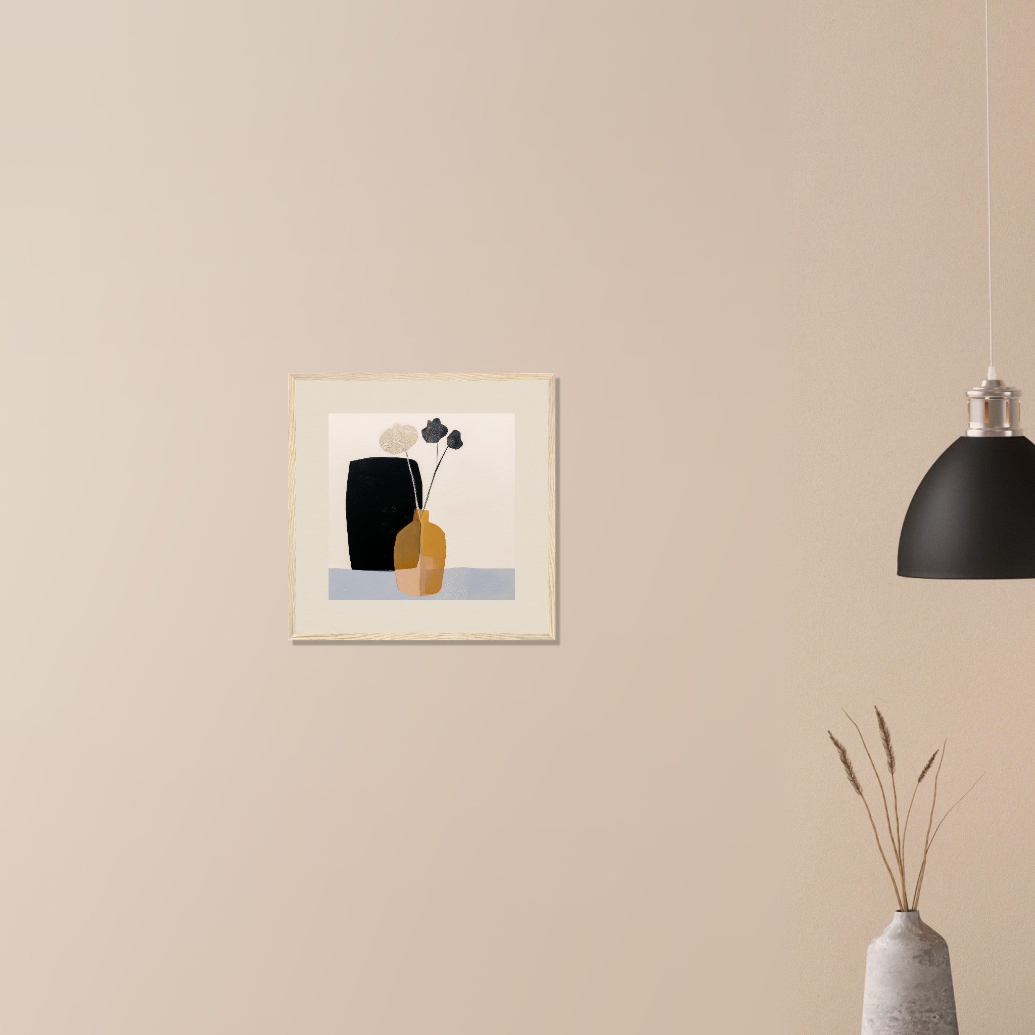 Dry Arrangement earthy botanical abstract in dark wood frame on neutral wall in modern home, mustard, cream and black balanced composition