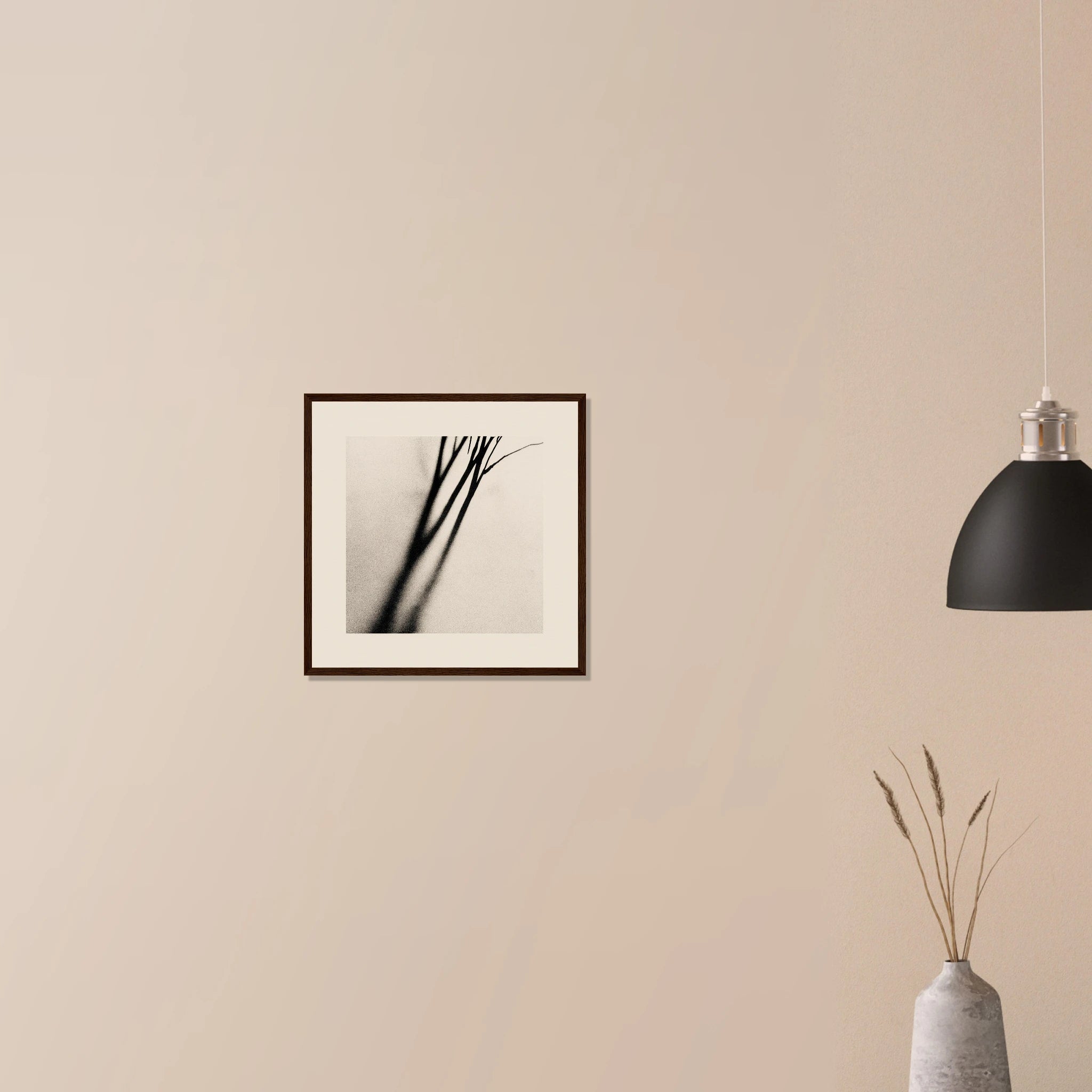 Botanical Shadow Study contemporary neutral art in black frame on neutral wall, graphic plant shadow composition
