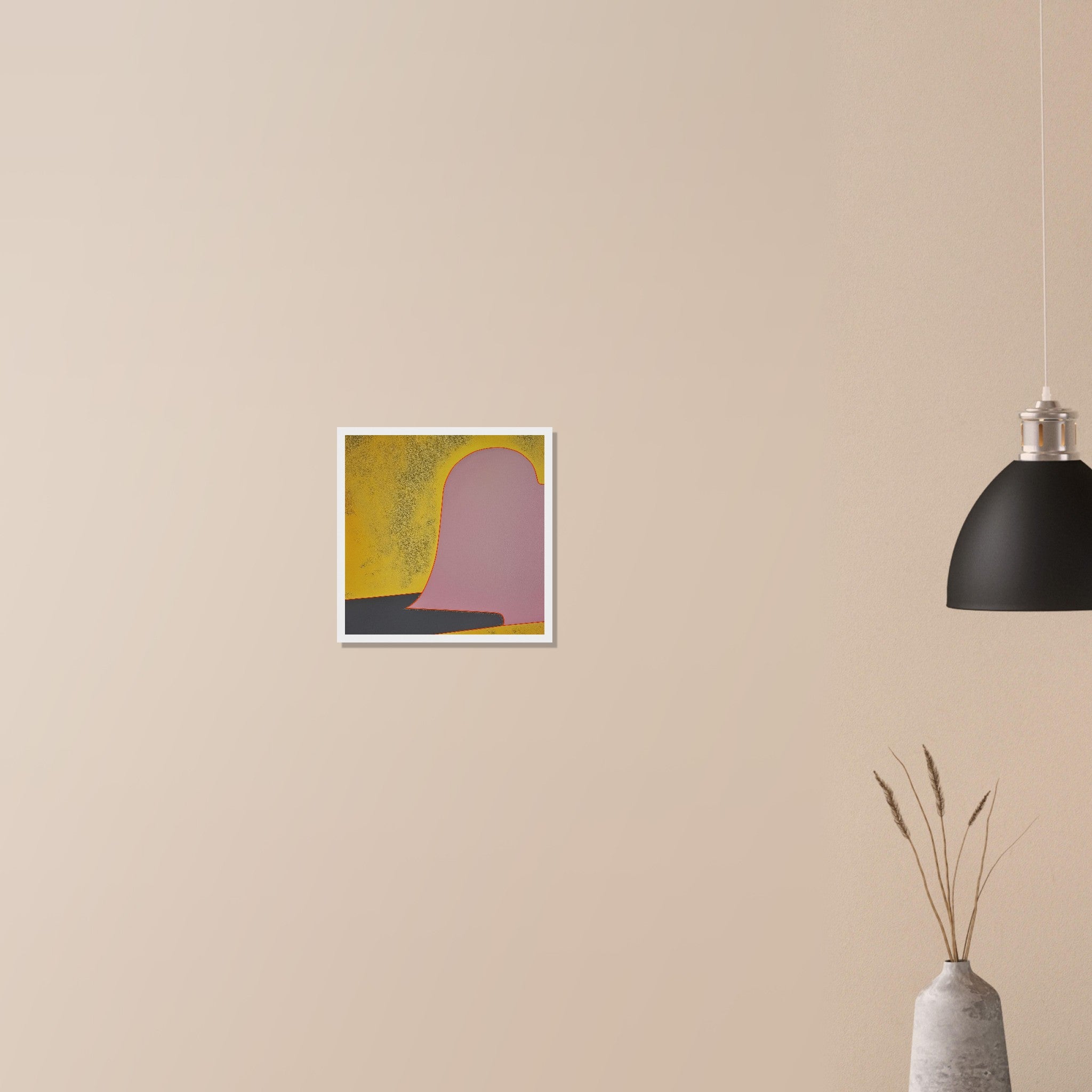 Colusa at Noon modern warm toned wall art in wood frame on neutral wall in modern home, muted mauve ground and outlined dome
