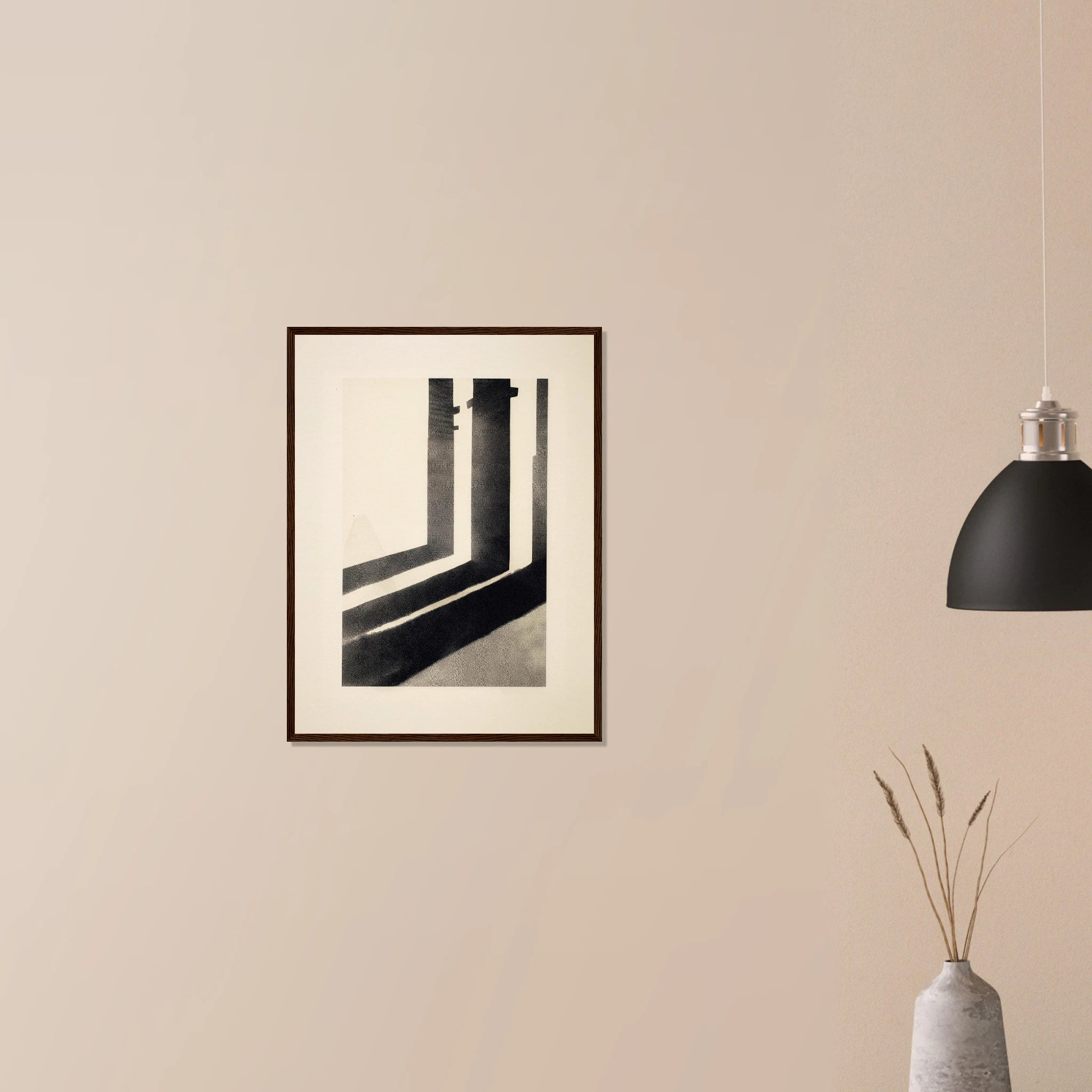 Pillar Shadows abstract wall decor in dark wood frame on neutral wall, warm sand and charcoal shadow composition