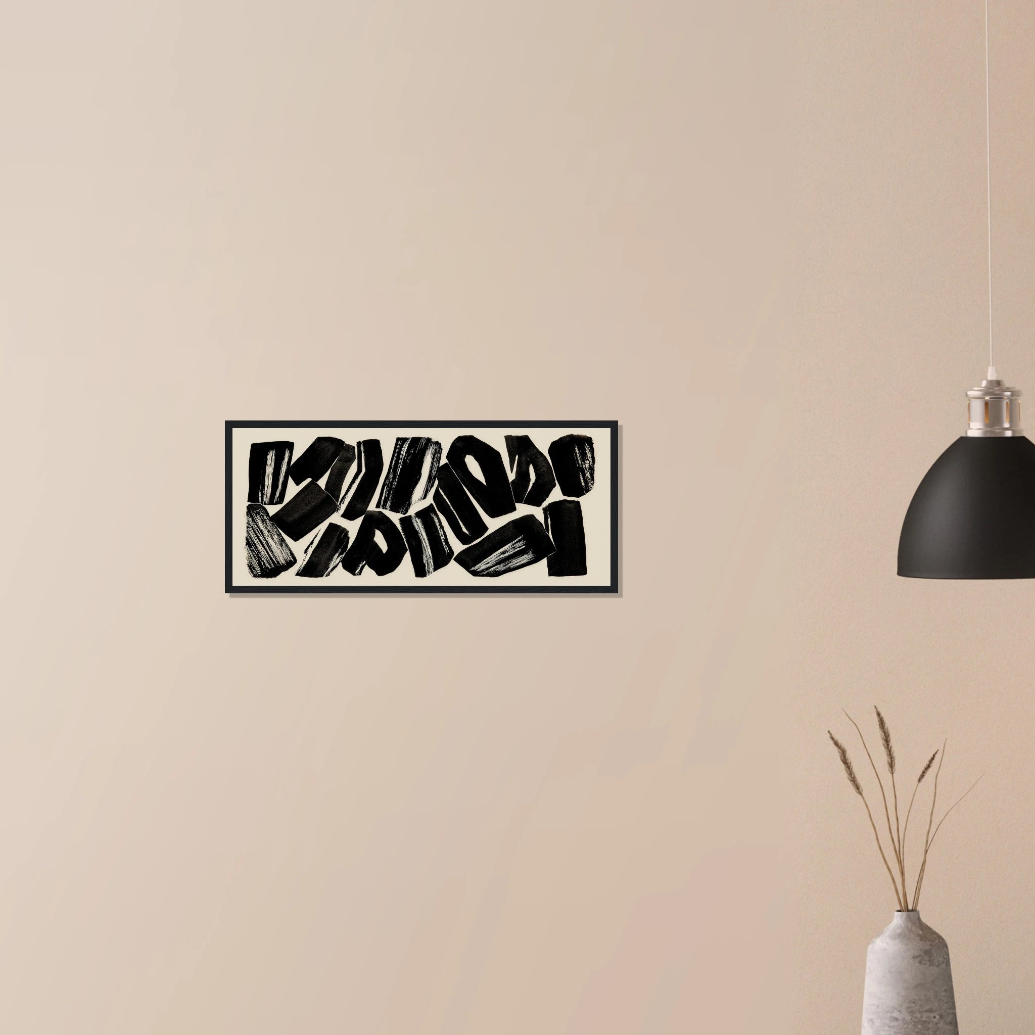 Char Study modern monochrome wall art in black frame on neutral wall in modern home, wide burned wood texture composition