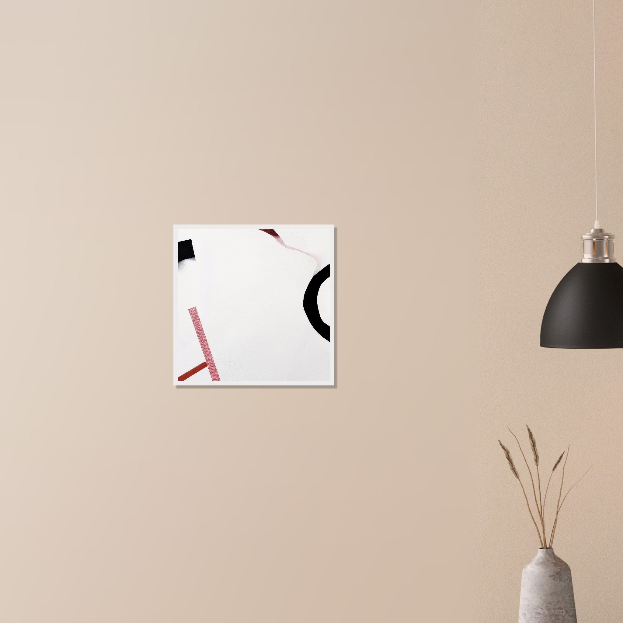 Survey Flags modern white space abstract in white frame on neutral wall in modern home, subtle red and black corner elements