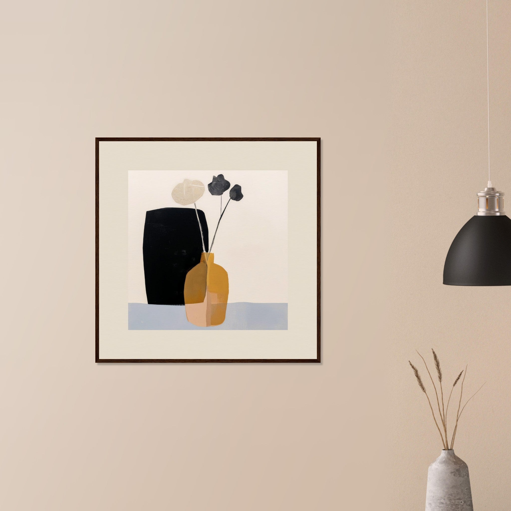 Dry Arrangement minimalist still life print in natural wood frame on neutral wall in modern home, mustard vessel and preserved blooms