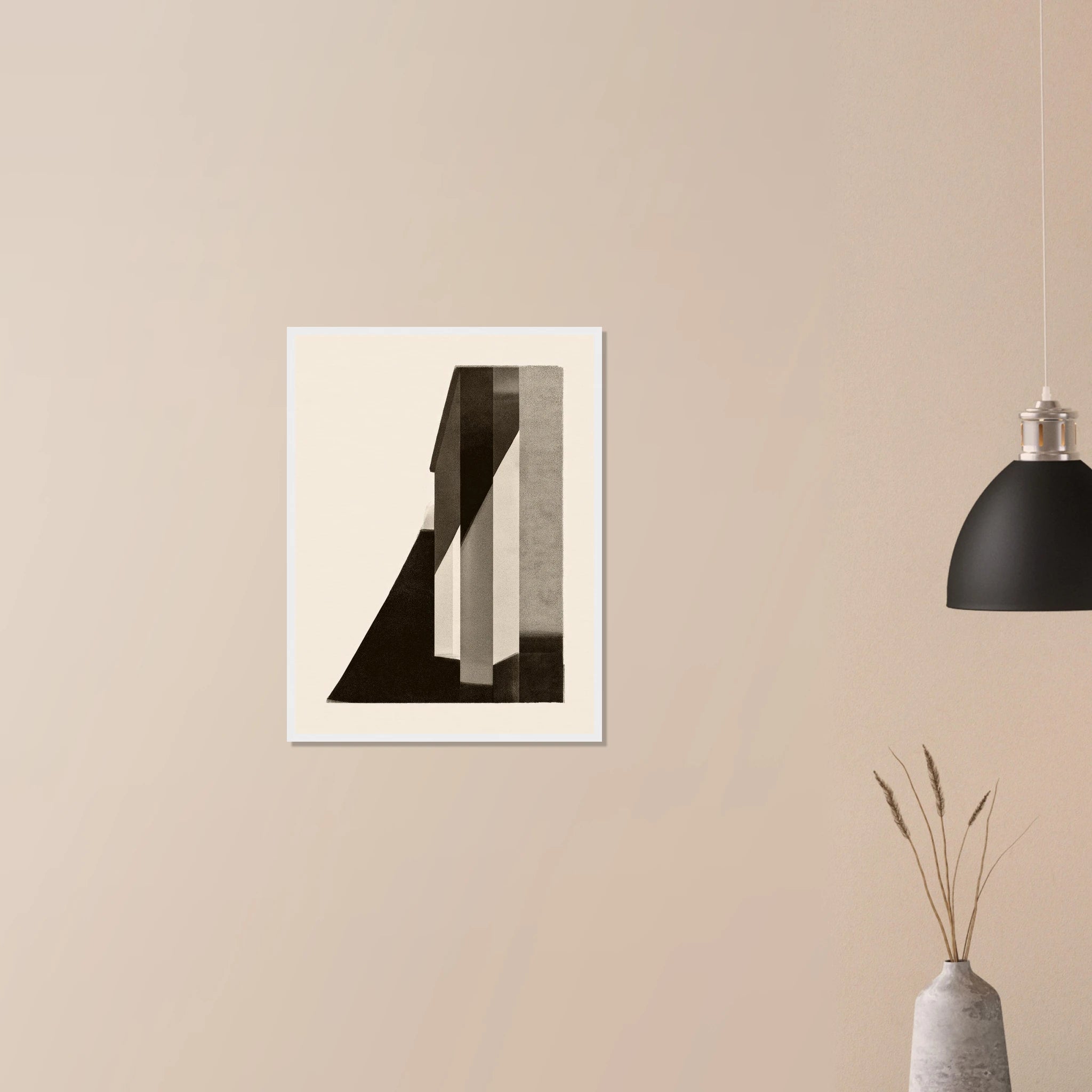Corner Shadow minimalist print in dark wood frame on neutral wall, sharp cream and black angular form