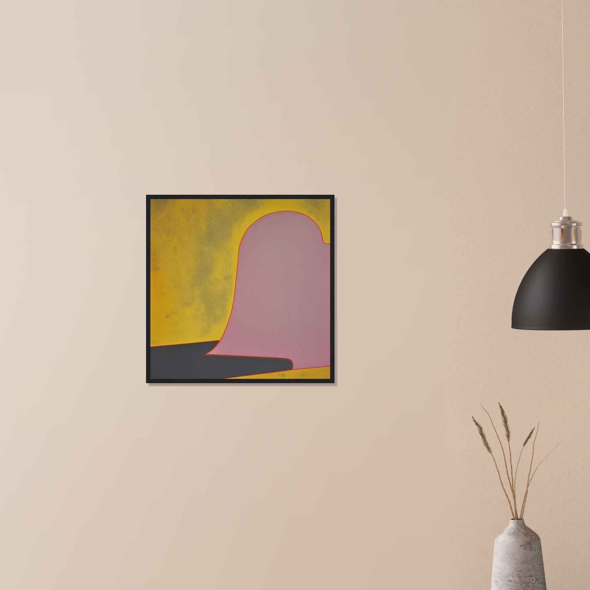 Colusa at Noon striking gold abstract statement in black frame on neutral wall in modern home, graphic red contour and minimalist field