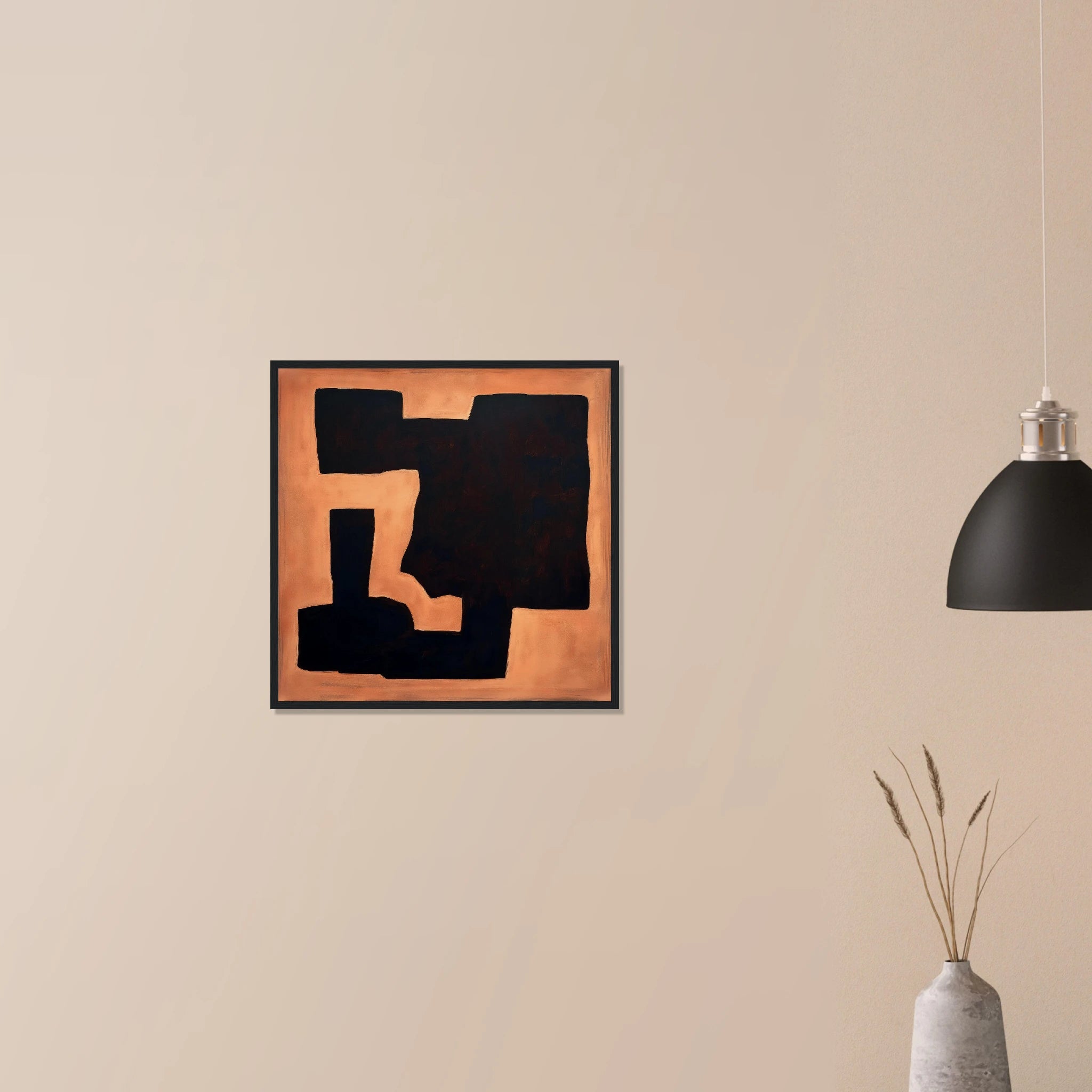 Terracotta Fragment minimalist artwork in black frame on neutral wall, bold rust orange and soft cream geometry
