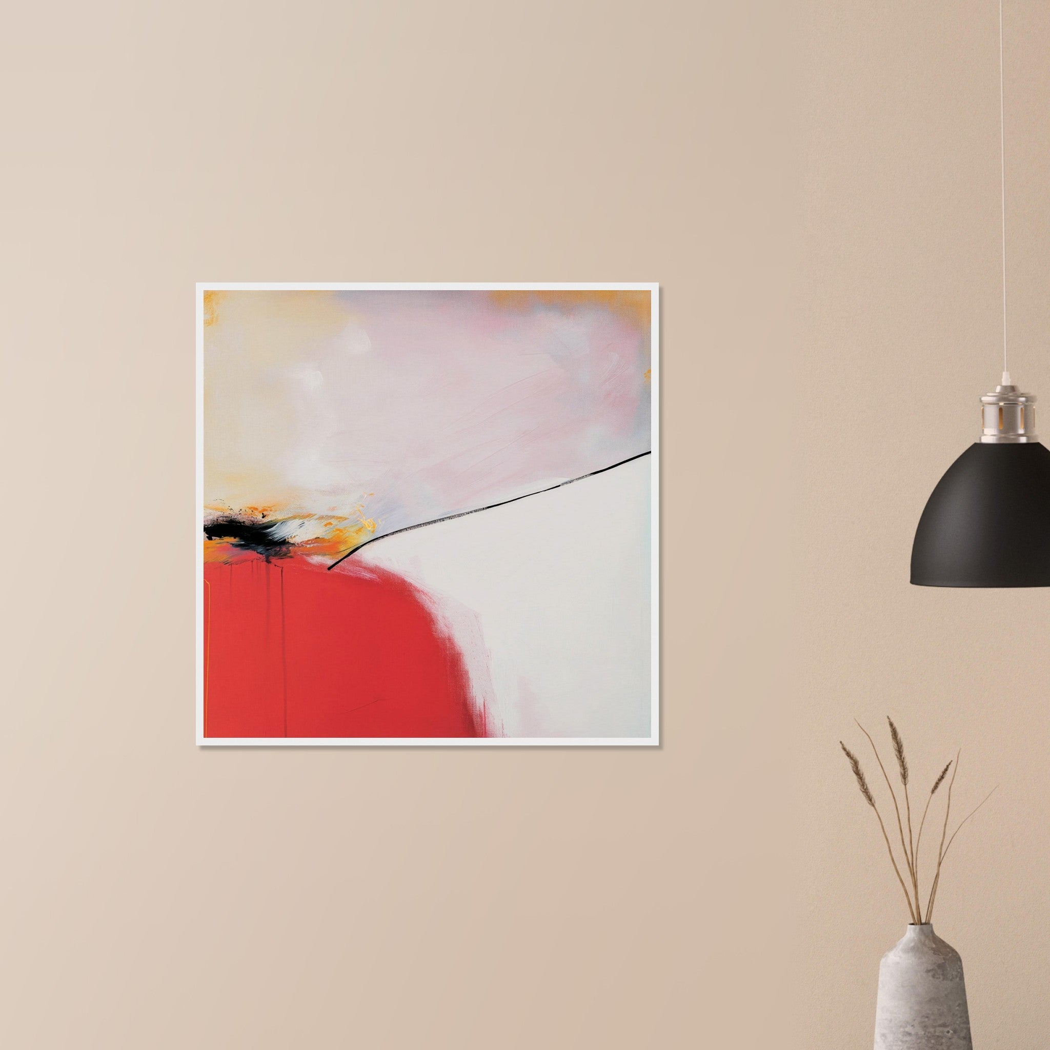 Controlled Burn dramatic red landscape inspired abstract in wood frame on neutral wall in modern home, clean diagonal split composition