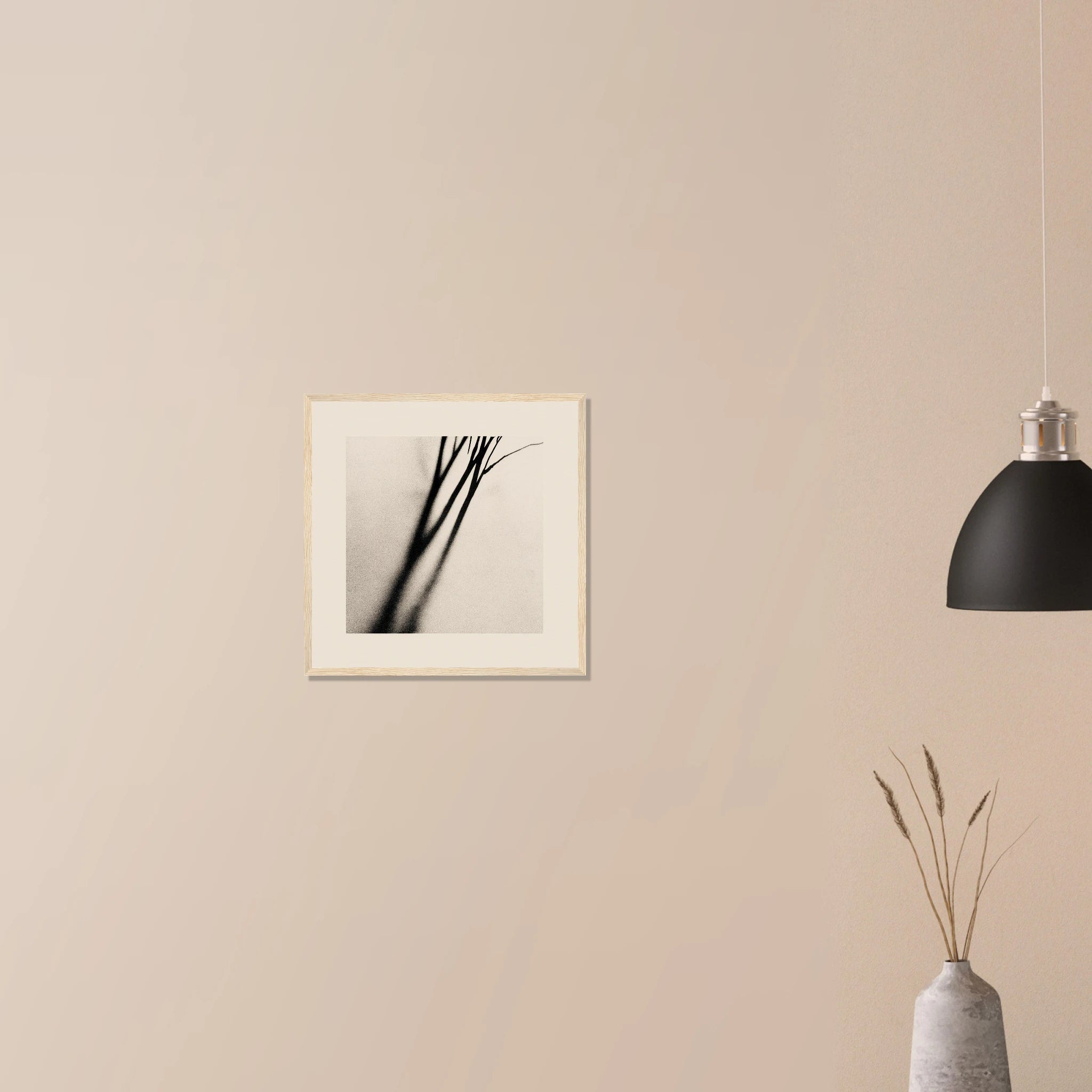 Botanical Shadow Study neutral botanical art in white frame on neutral wall, soft sand and grey shadow study