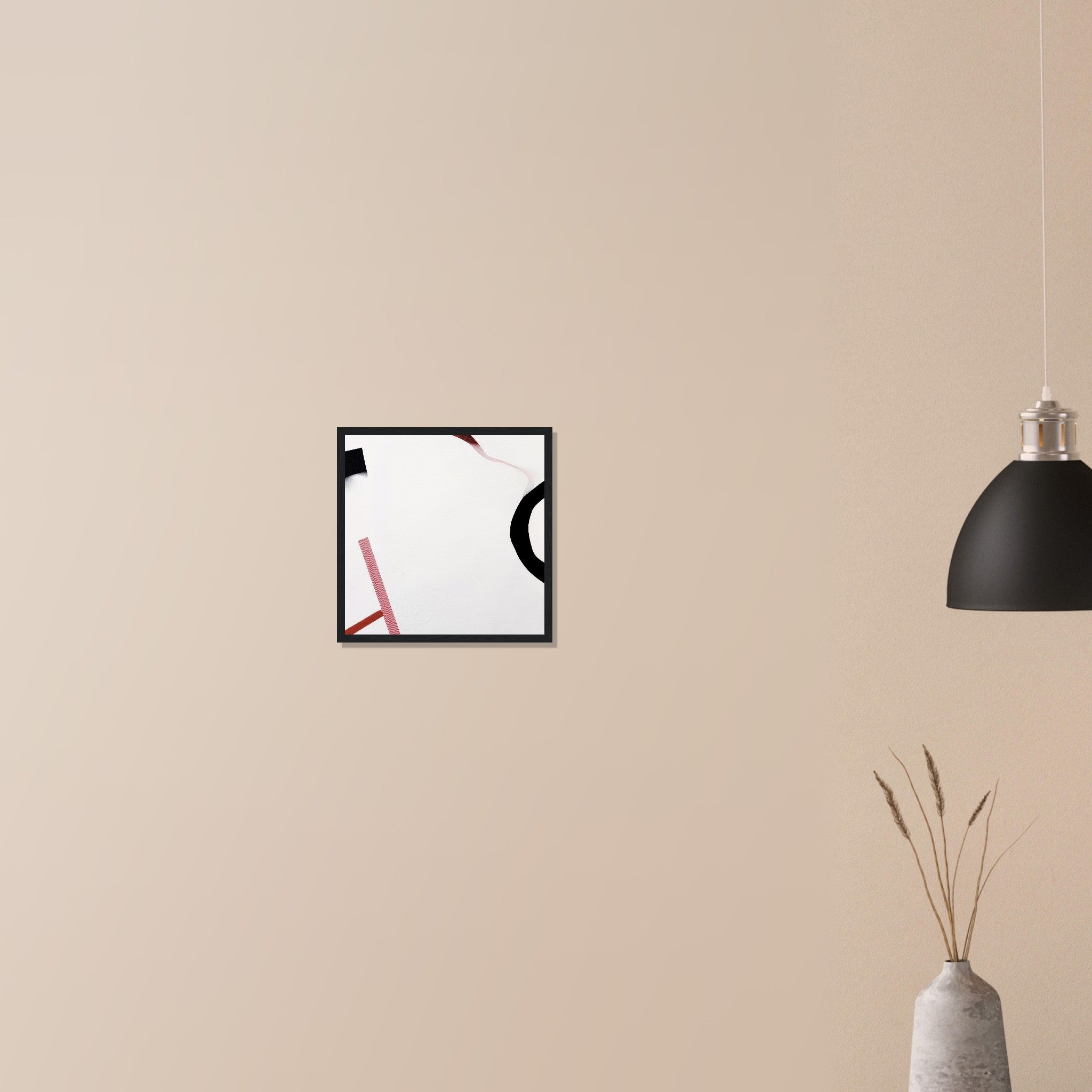 Survey Flags oversized white abstract print in white frame on neutral wall in modern home, crimson survey marks and open center composition