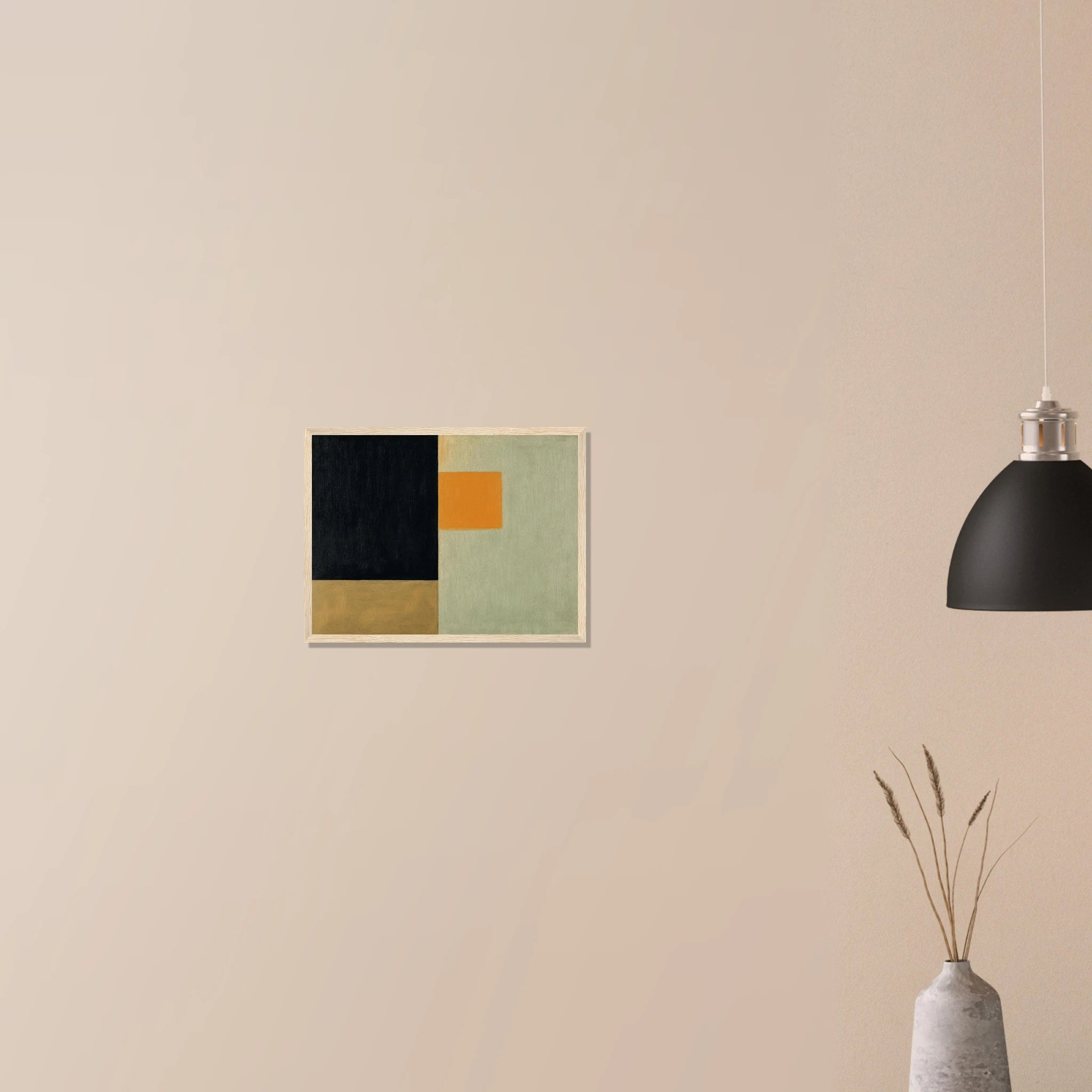 Clarity No. 07 The Distillation abstract minimalist print in black frame on neutral wall, refined neutral color blocks