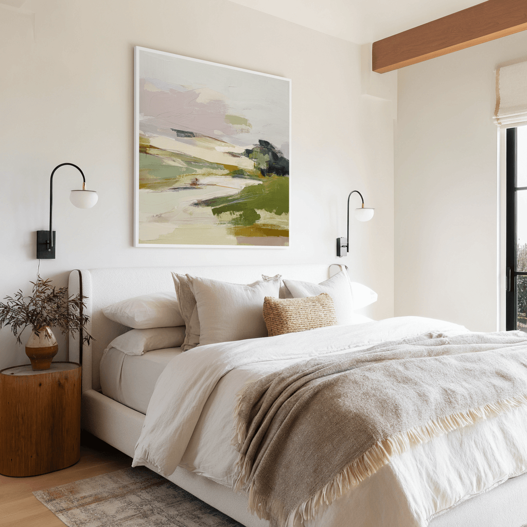 Valley Light No. 02 atmospheric landscape art above bed in calming neutral bedroom with layered textiles