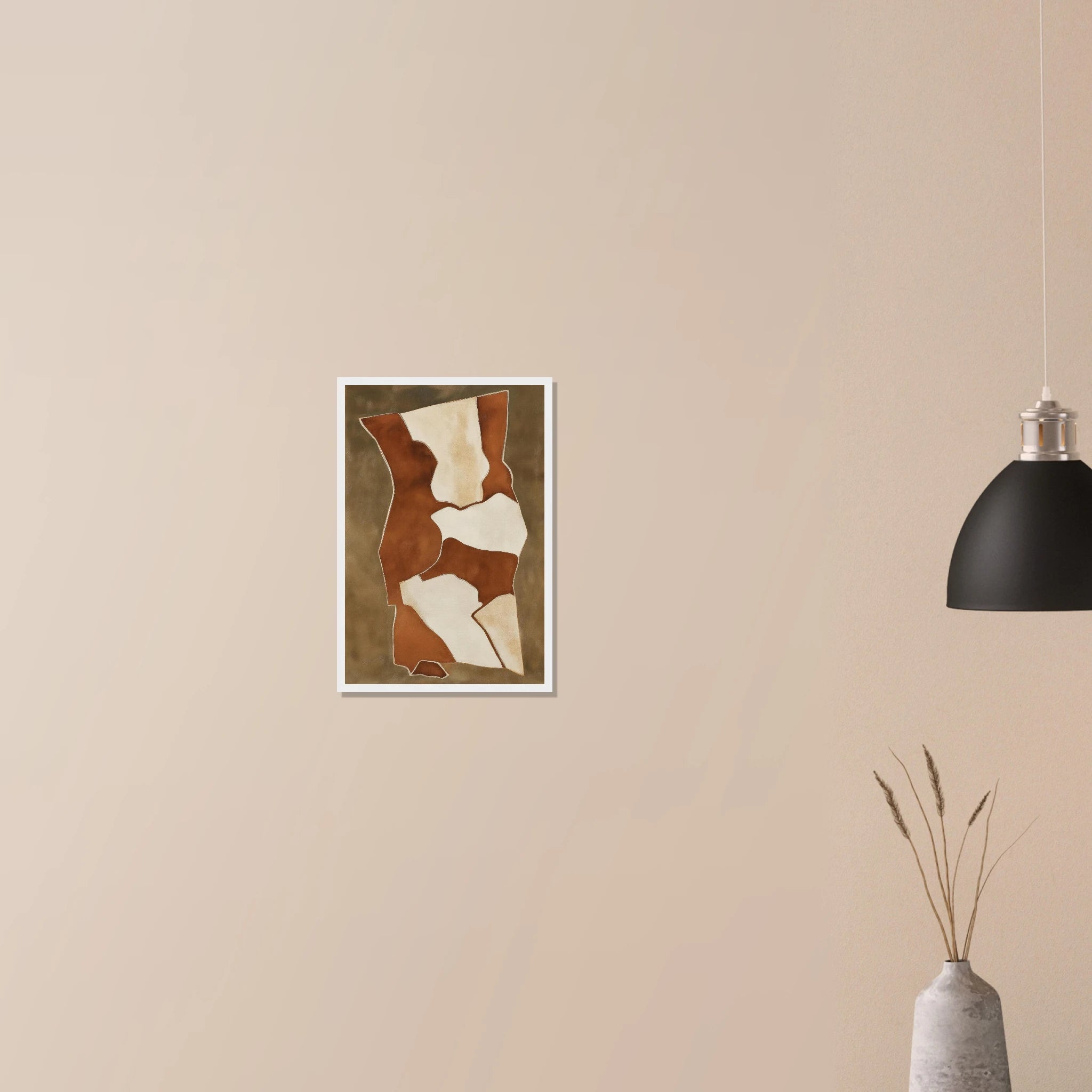 Earth Vessels neutral abstract art in white frame on neutral wall, organic ceramic forms in warm terracotta