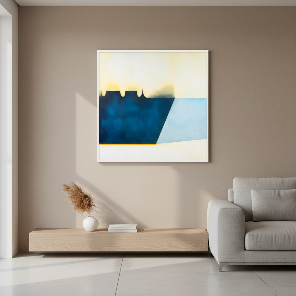 Reservoir Cut modern blue abstract print with dark concrete form, pale blue water angle and thin amber waterline detail