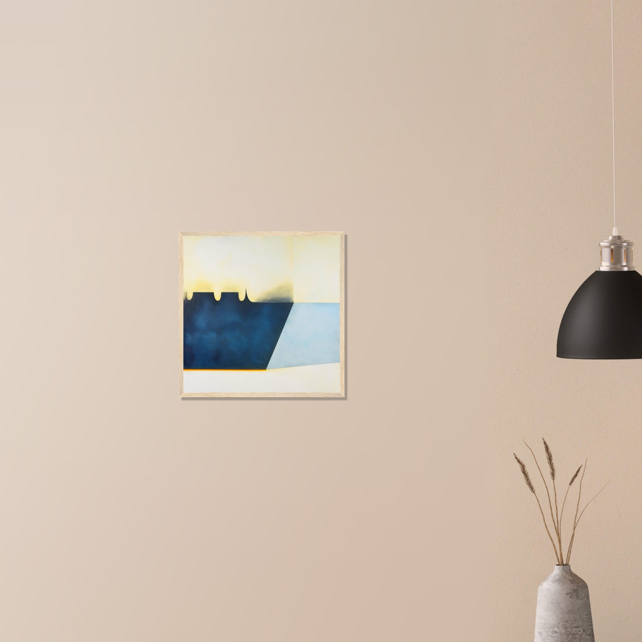 Reservoir Cut moody blue architectural print in natural wood frame on neutral wall in modern home, angled water plane and navy mass