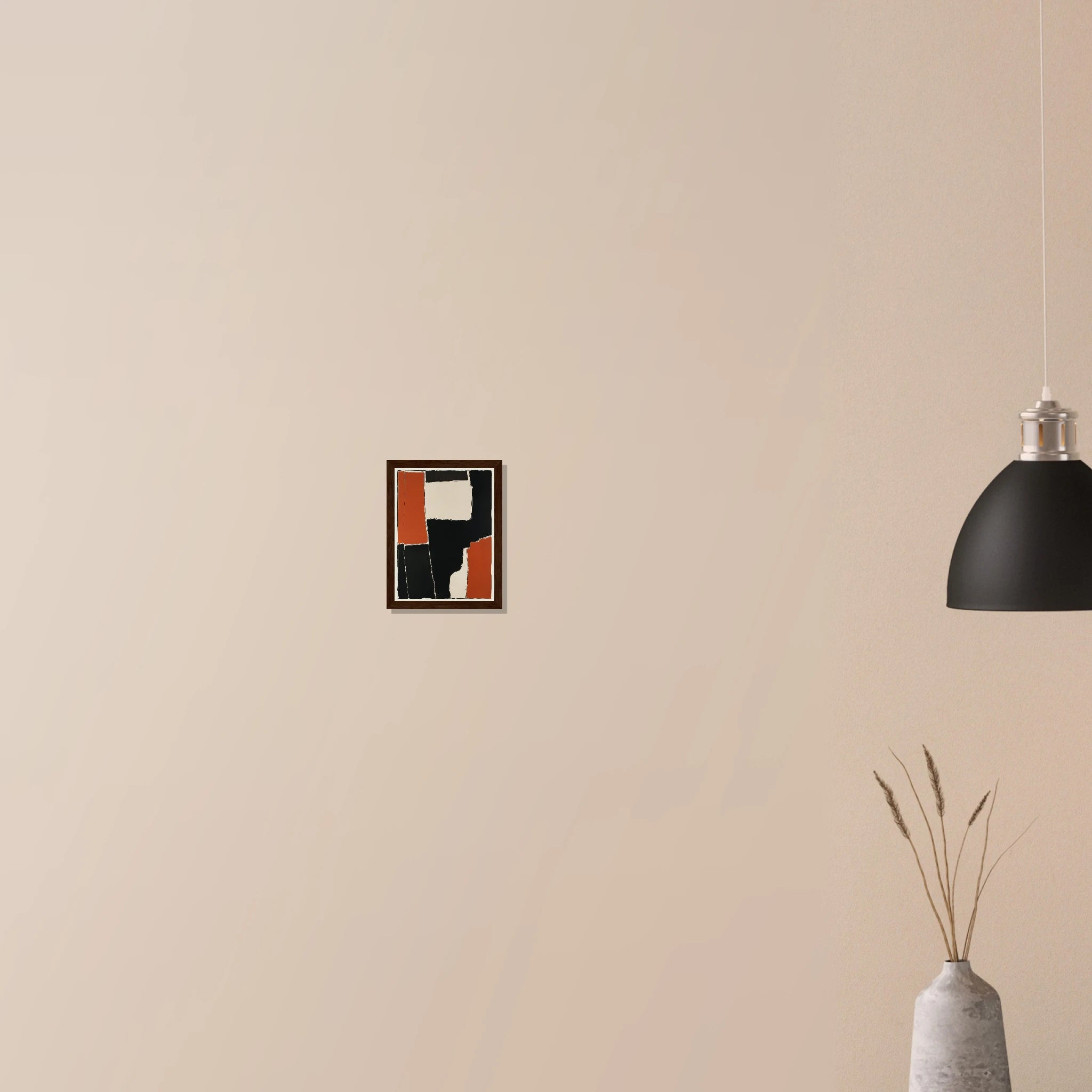 Interlocking Rust I modern abstract decor in black frame on neutral wall, oxidized metal inspired shapes