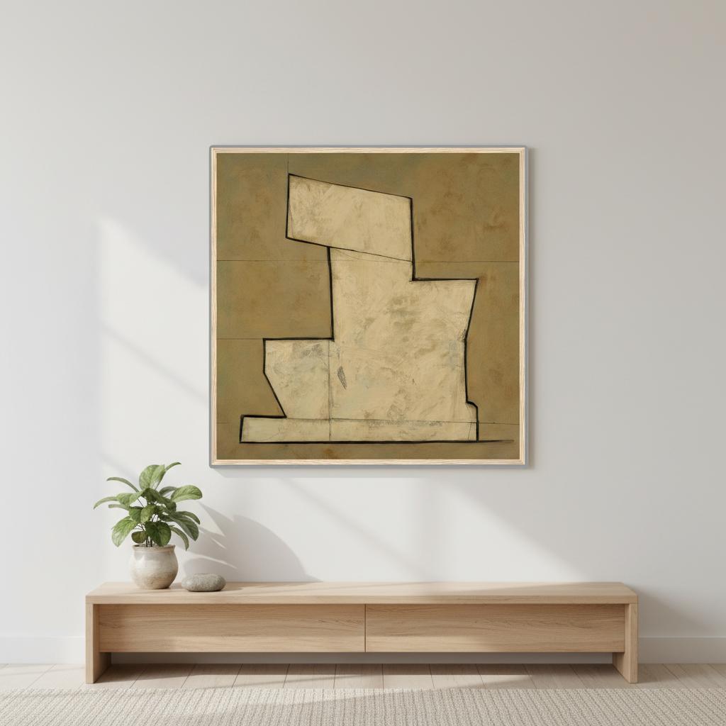 Stepped Form modern neutral abstract print with cream and sand tones, stacked block composition inspired by clean geometry