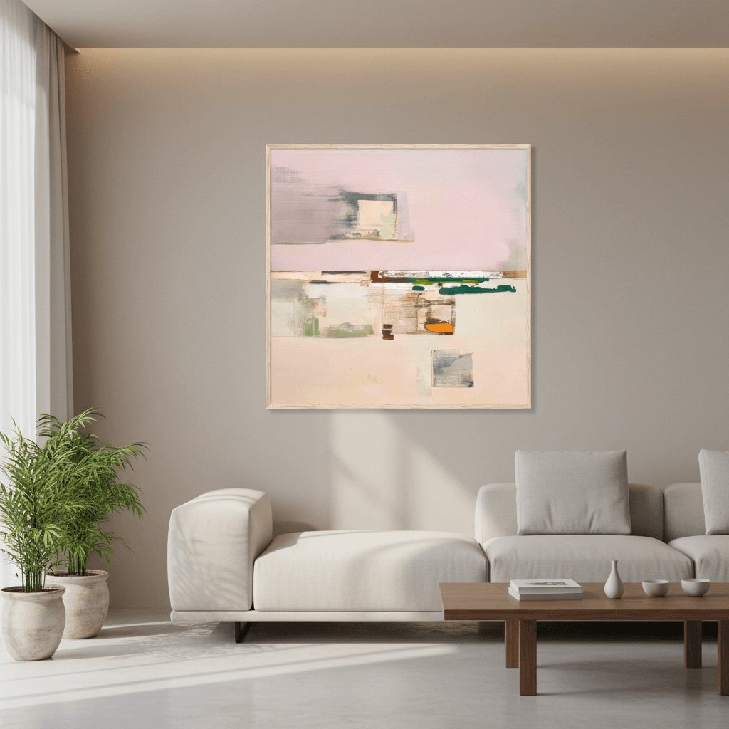 Oakville Floor neutral wine country abstract print with layered sage green fields, pale soil tones and dark irrigation line detail