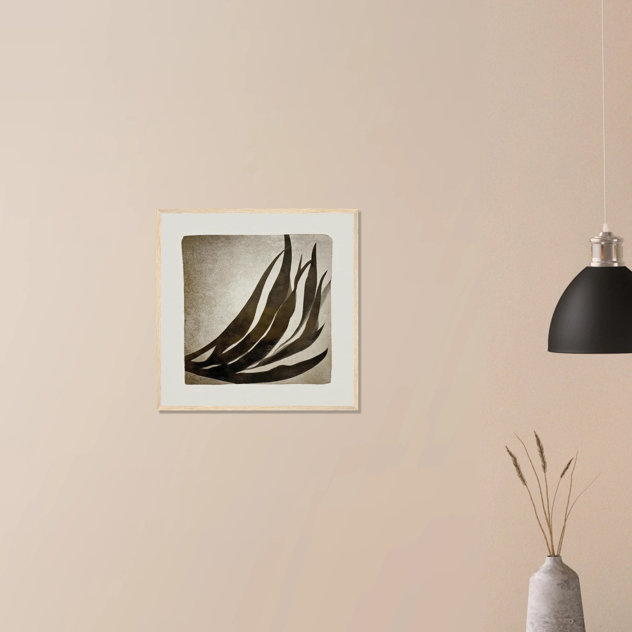 Palm Frond Shadow Study modern tonal artwork in natural wood frame on neutral wall, subtle palm shadow layering