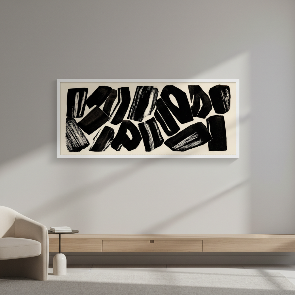 Char Study oversized black and white abstract print with tumbled burned wood shapes on raw paper ground, graphic horizontal statement piece