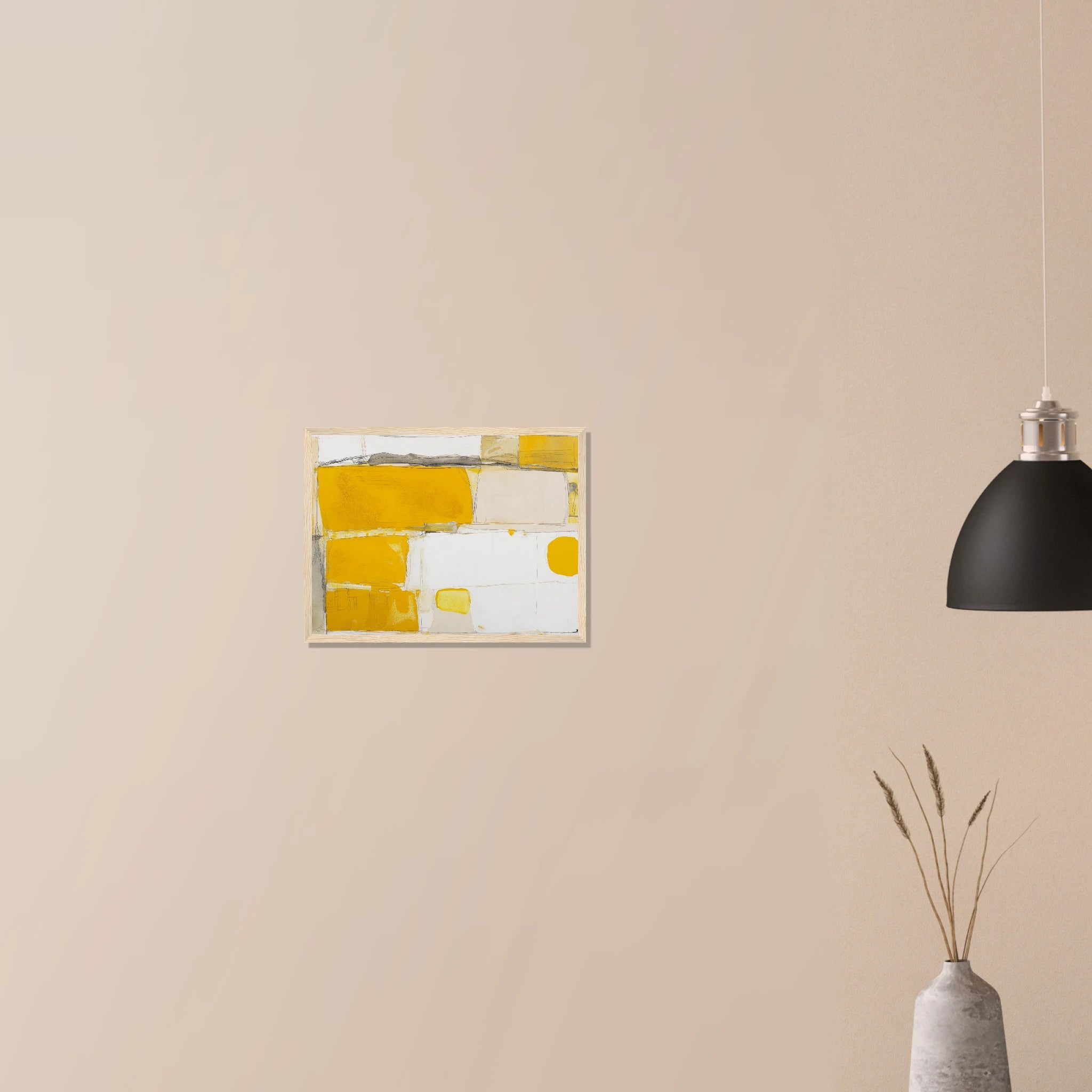 Mustard Field Abstract abstract wall decor in dark wood frame on neutral wall, soft sage and ochre color blocks